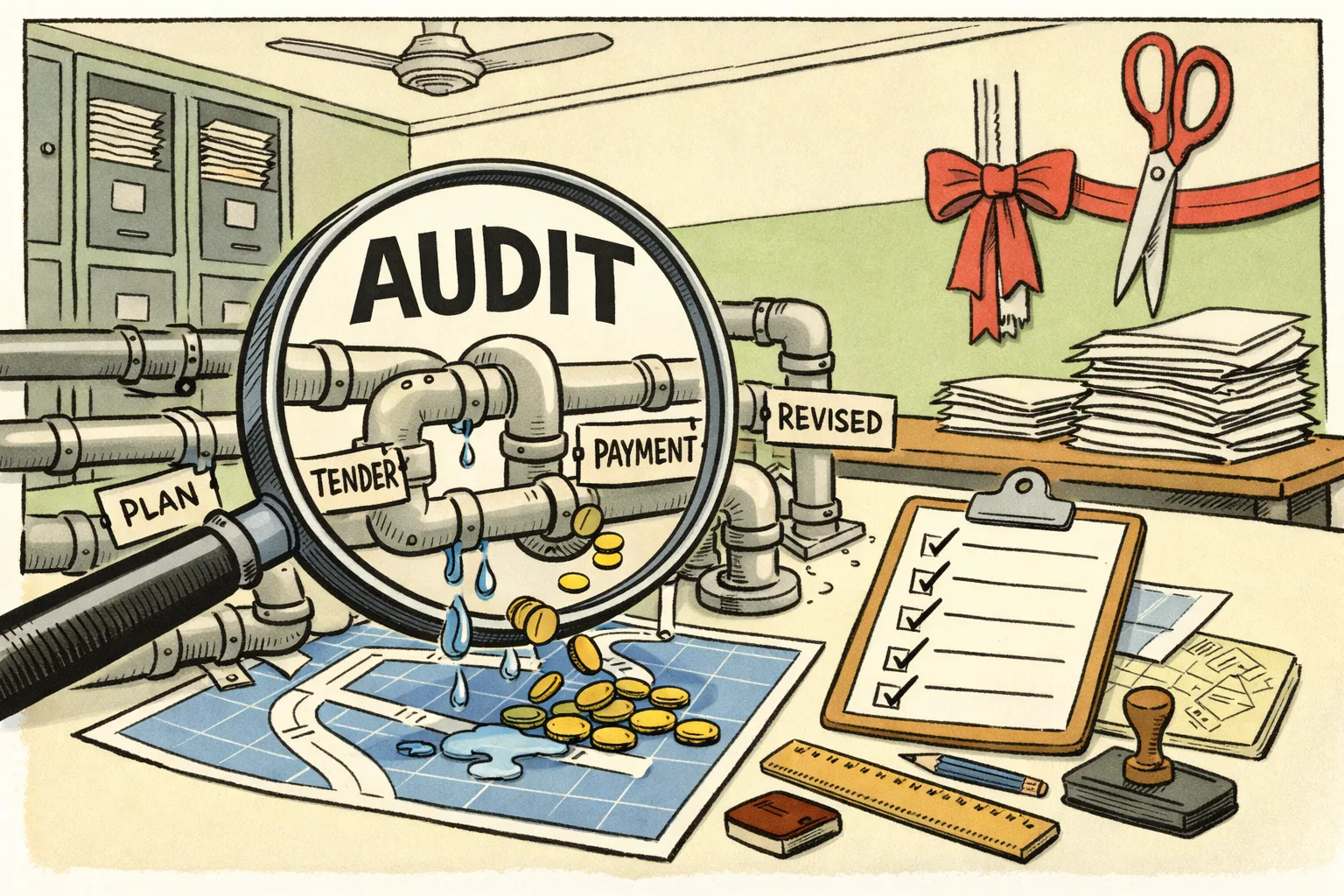 A Telangana government engineering office desk piled with oversized files, revised estimates and payment vouchers, while a magnifying glass marked “AUDIT” examines a leaking pipe labelled with departments and a small road plan lies beneath it.