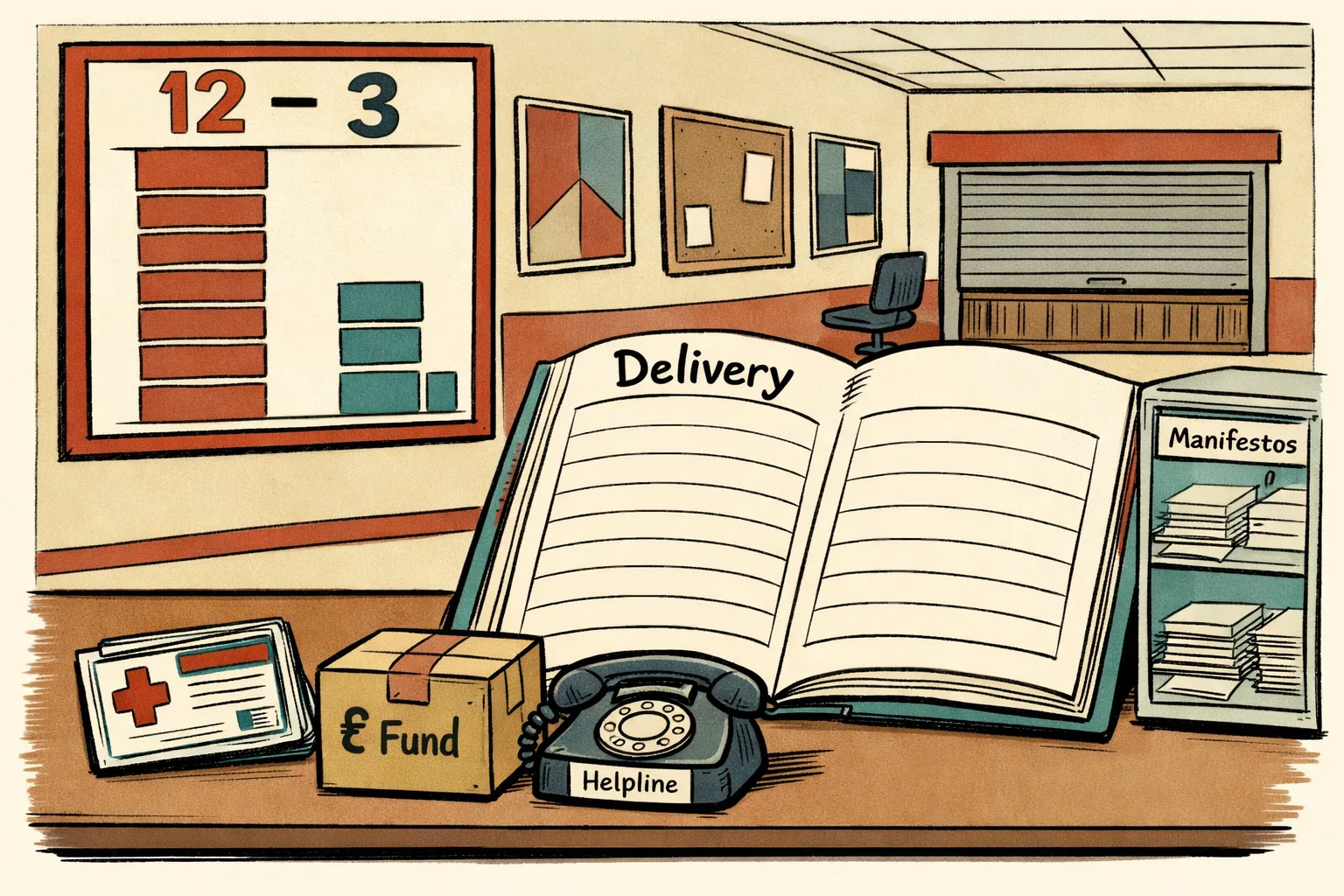 A film-office election scoreboard marked 12–3 stands beside an open blank delivery ledger, unopened medical, fund and helpline props, and an empty council help desk.