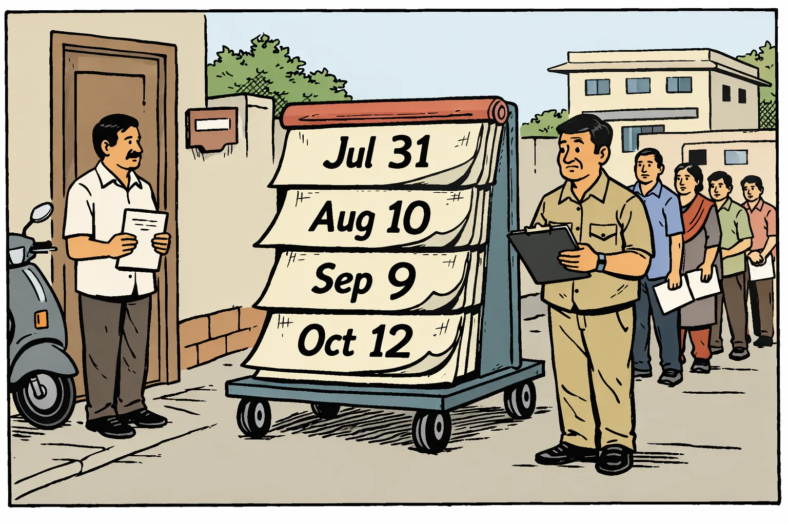 A Telangana voter stands beside a house door while a Booth Level Officer carries a huge calendar from a desk marked ‘Draft list’, with several revised date slips trailing behind; a queue of voters waits calmly in the background.