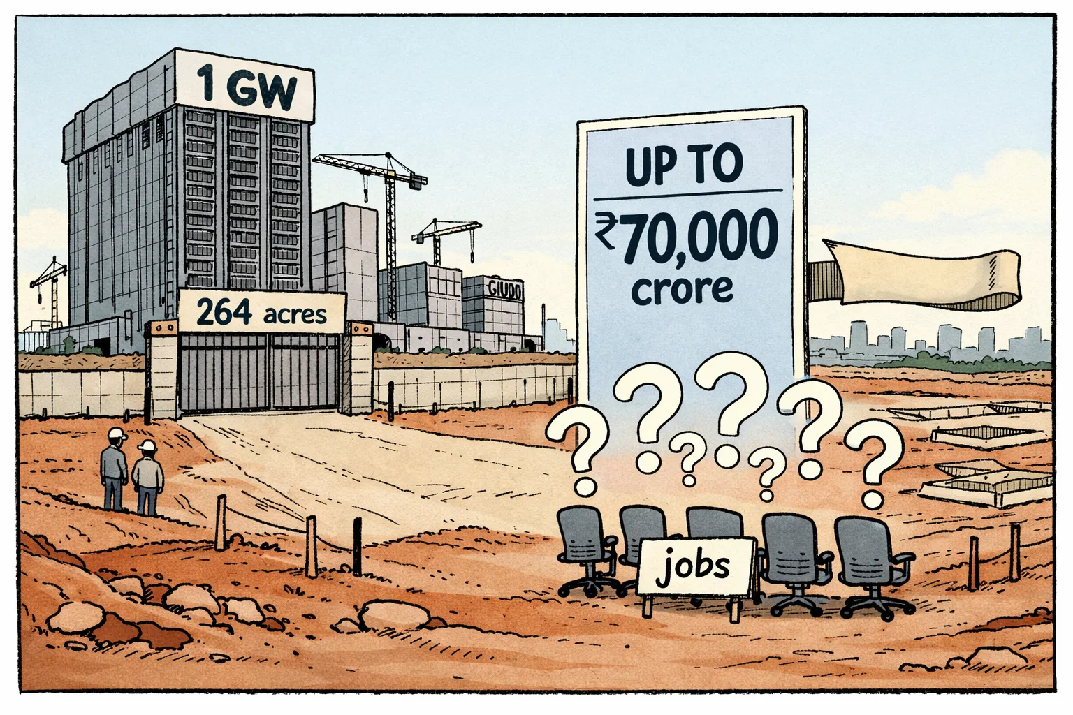 A partly built Hyderabad data-centre campus marked 1 GW and 264 acres stands beside an investment sign reading up to Rs 70,000 crore, while question marks hover over empty chairs labelled jobs.