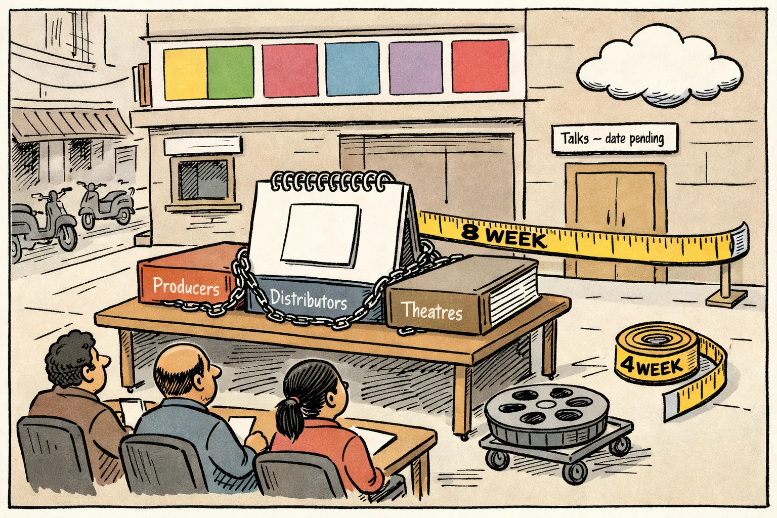 A blank cinema release-date card is chained between files for producers, distributors and theatres beside an eight-week measuring tape, while a closed meeting-room door is marked “Talks — date pending”.