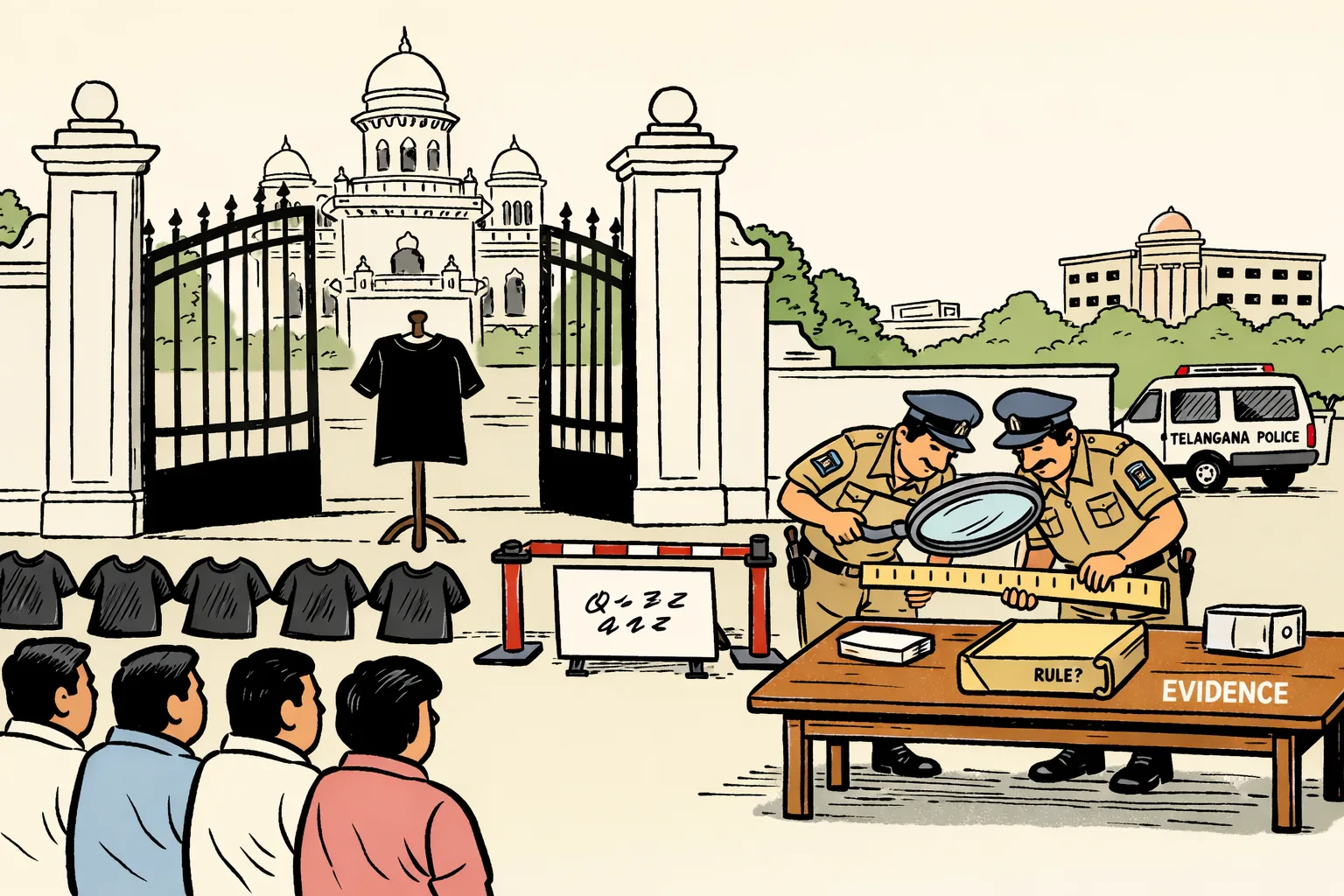 At the Telangana Assembly gate, police figures inspect tiny marks on a speech bubble while allowing a blank black T-shirt through an open gate; an empty file marked ‘RULE?’ sits on a table.