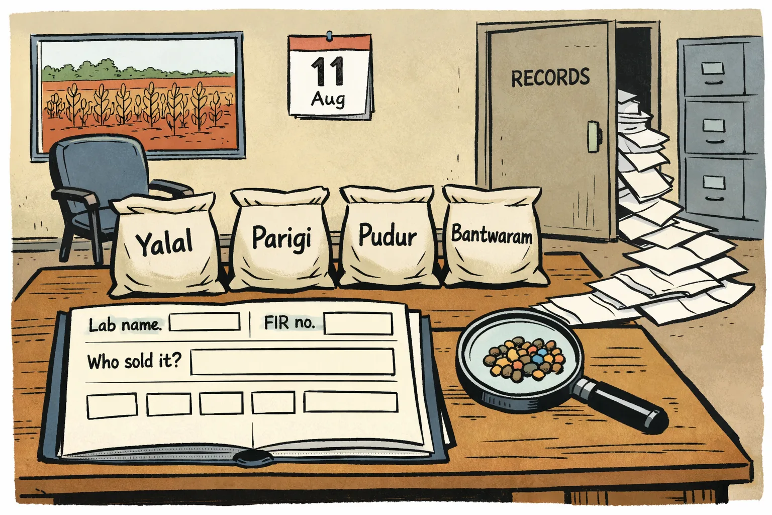 A Telangana farmyard table holds four labelled sample bags from Yalal, Parigi, Pudur and Bantwaram beside a lab report marked with blank fields; a long paper trail disappears behind a locked government office door.