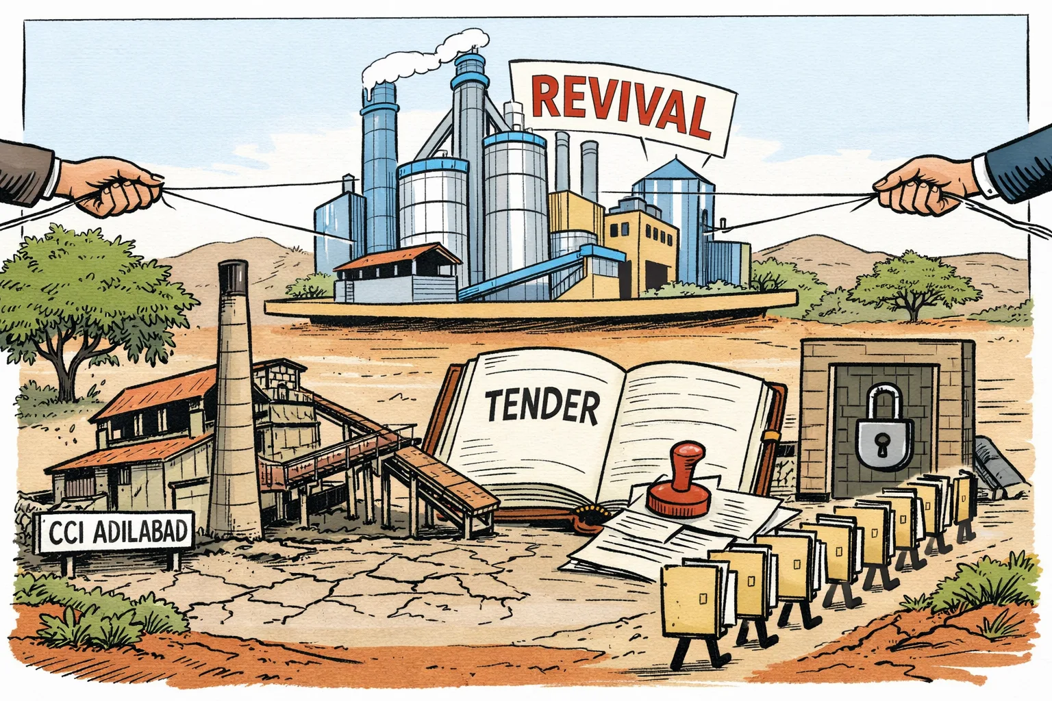 An idle cement plant in Adilabad stands beside a government ledger stamped “TENDER”, while a colourful cardboard model labelled “REVIVAL” is pulled in the opposite direction.