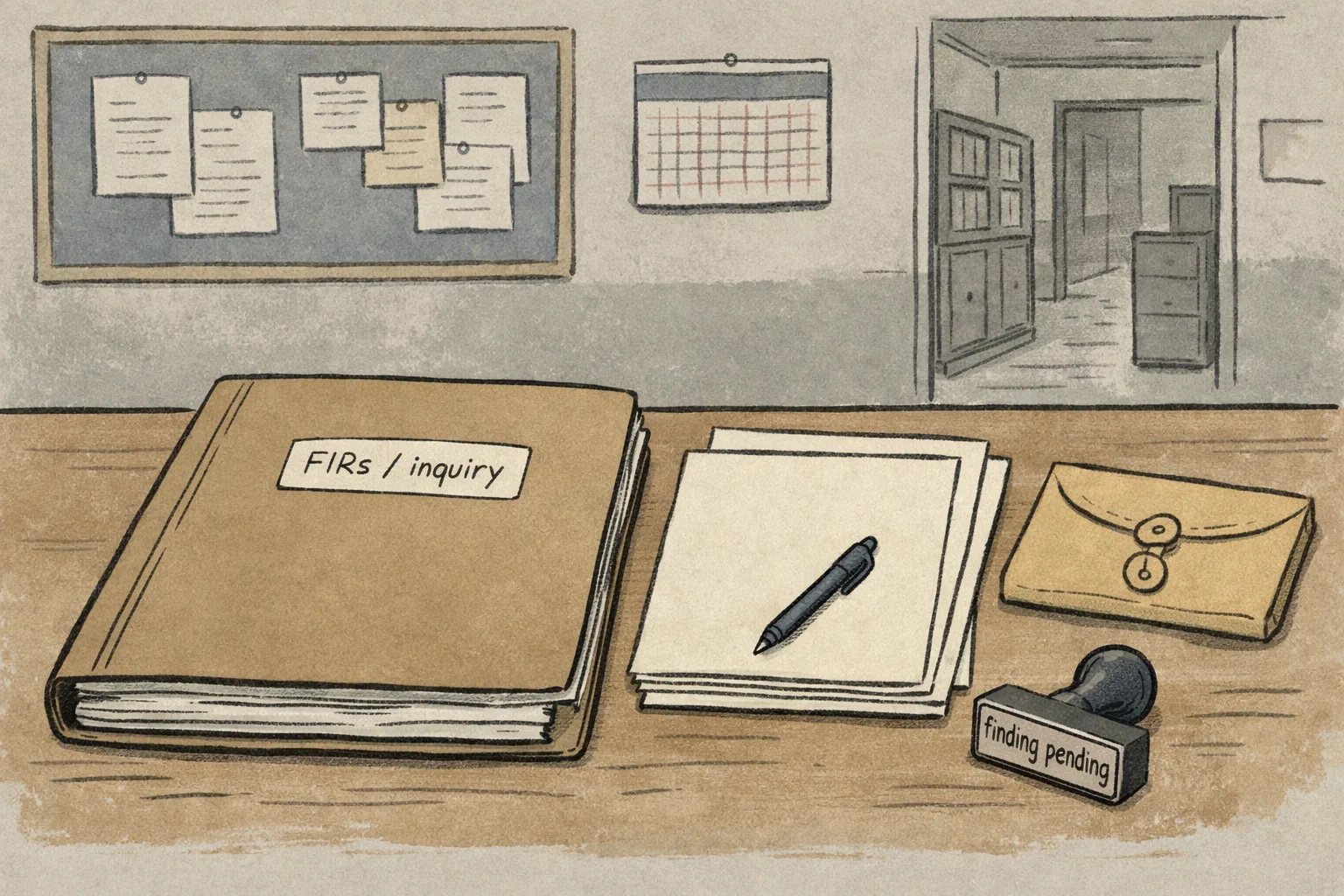 A sealed case file and blank evidence papers sit on an office desk beside an unused stamp, with official records in the background.