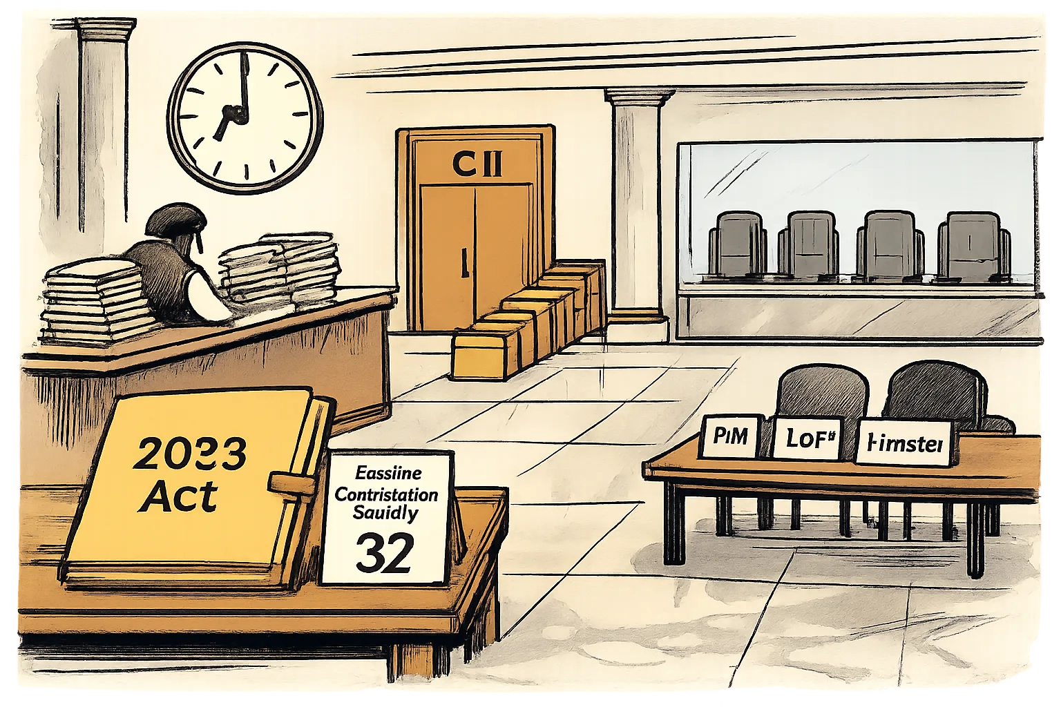 A Supreme Court corridor is drawn as a waiting room, with a sealed folder marked “2023 Act”, a token for a possible Constitution Bench, five empty judge chairs and a closed CJI door.