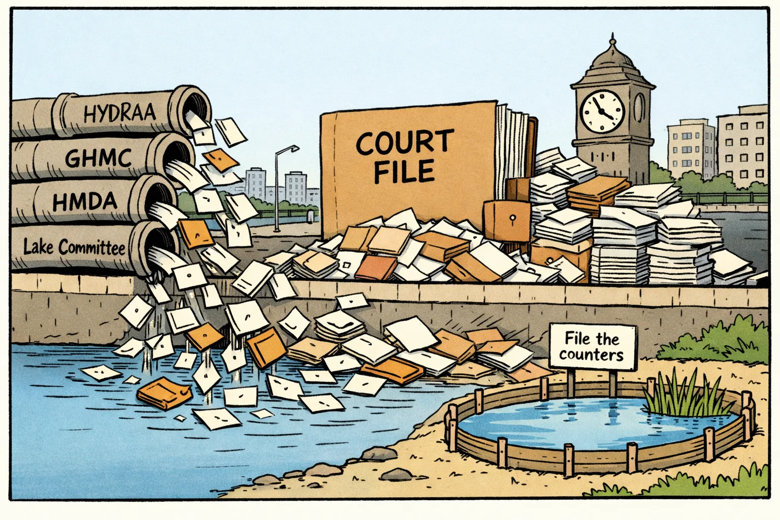 A Hyderabad lake occupies the foreground while oversized government files, stamped notices and pipes from several agencies crowd its muddy edge; a courthouse clock points toward an unanswered stack of papers, and a small sign reads “File the counters.”