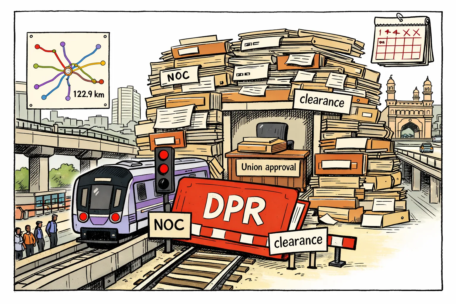 A Hyderabad Metro train waits at a red signal before a barrier made of folders and clearance papers, while a route map shows seven lines and 122.9 kilometres.