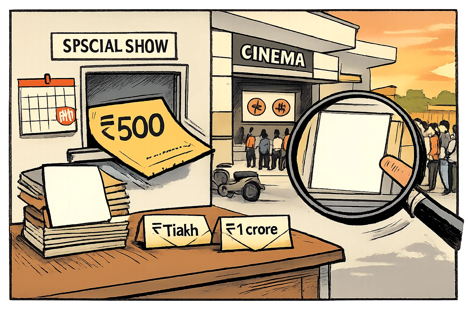 A giant ₹500 cinema ticket is pushed through a narrow official window beside a calendar showing a last-minute release date, while a judicial magnifying glass examines a blank reasons page and two envelopes with conflicting contribution amounts.