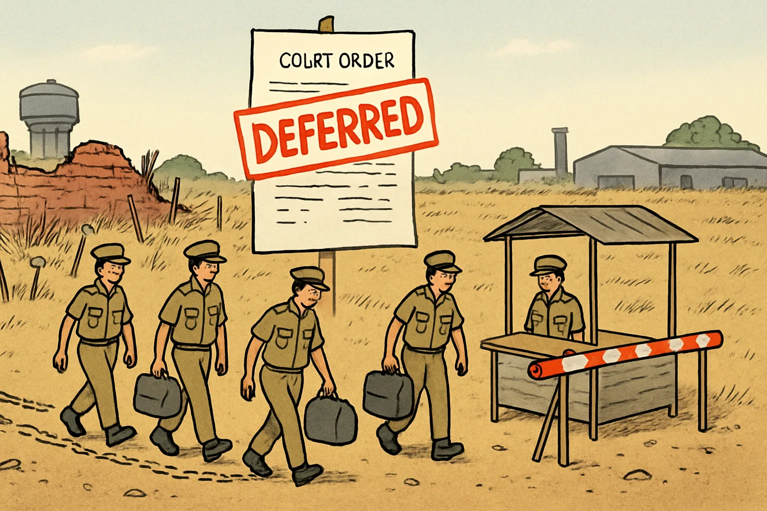 Cartoon of an empty scrubby plot with survey stakes and a broken compound wall; a few uniformed guards arrive and depart at once beside a tiny barrier post, under a giant court order stamped with one red word reading DEFERRED.