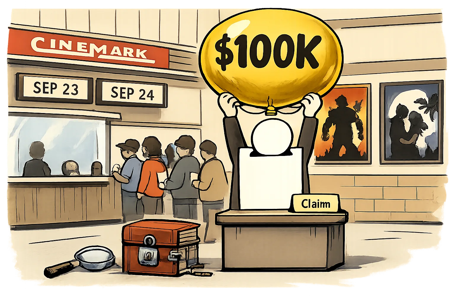 A giant balloon marked "$100K" rises above a cinema ticket counter, tethered to a locked ledger marked "details", while ticket-holders wait outside and two screens show different premiere dates.