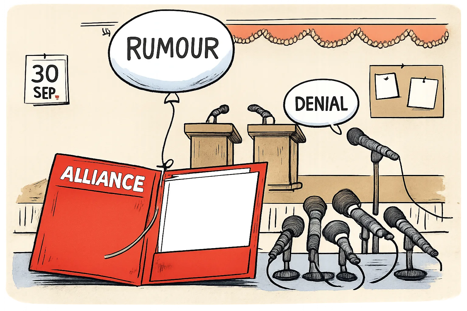 An empty folder marked “ALLIANCE” sits beneath two microphones, one projecting a large “RUMOUR” speech balloon and the other a smaller “DENIAL” balloon.
