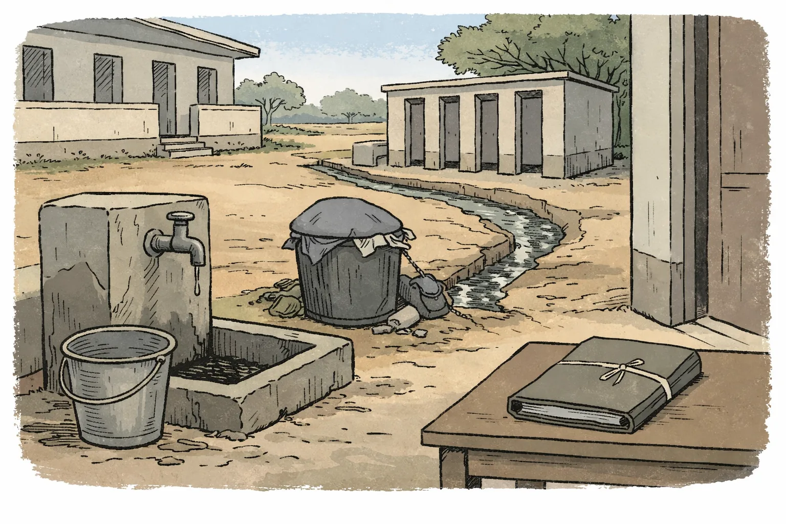 A dry tap and metal bucket stand beside an overflowing school drain, with an overfull dustbin and an unopened file near a plain hostel building in a rural Telangana setting.