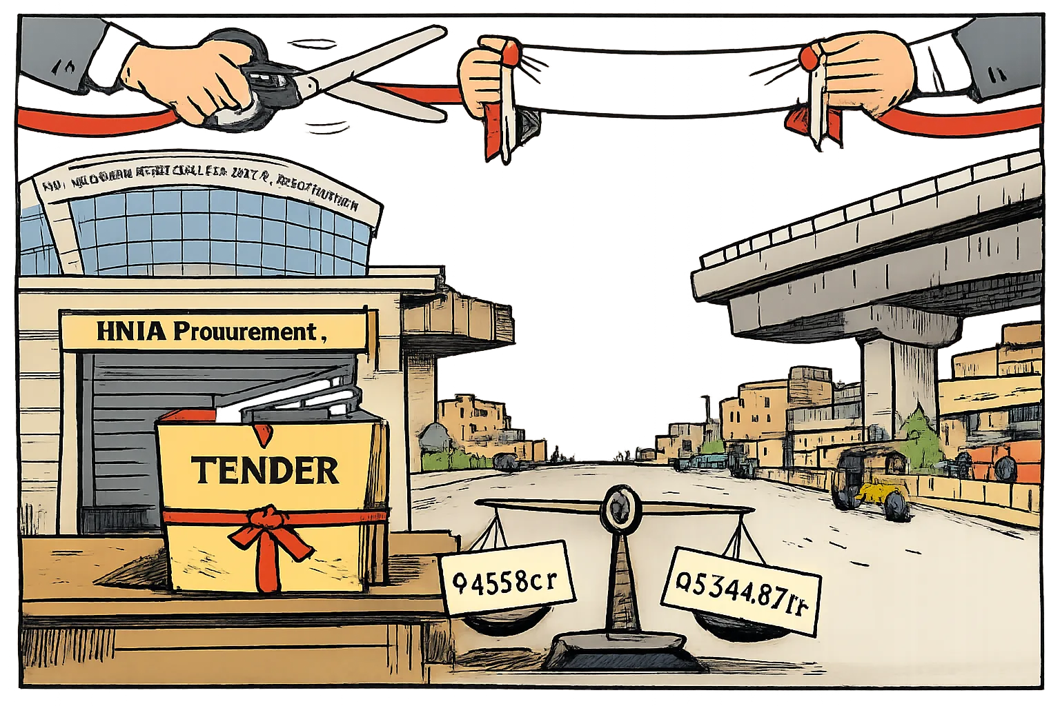 An oversized tender file sits at a shuttered procurement counter beneath ceremonial scissors and a ribbon stretched across the gap where a Hyderabad flyover would be built.