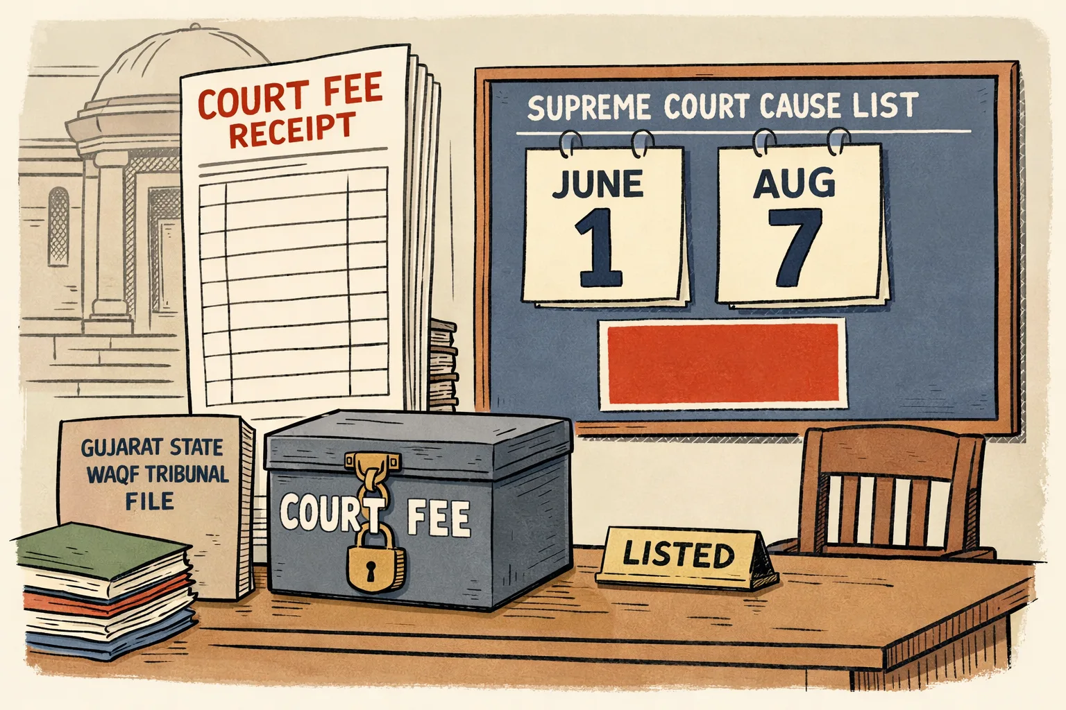 A large court-fee receipt lies between a Gujarat State Waqf Tribunal file and a Supreme Court docket marked with two calendar dates, while a courthouse corridor recedes in the background.