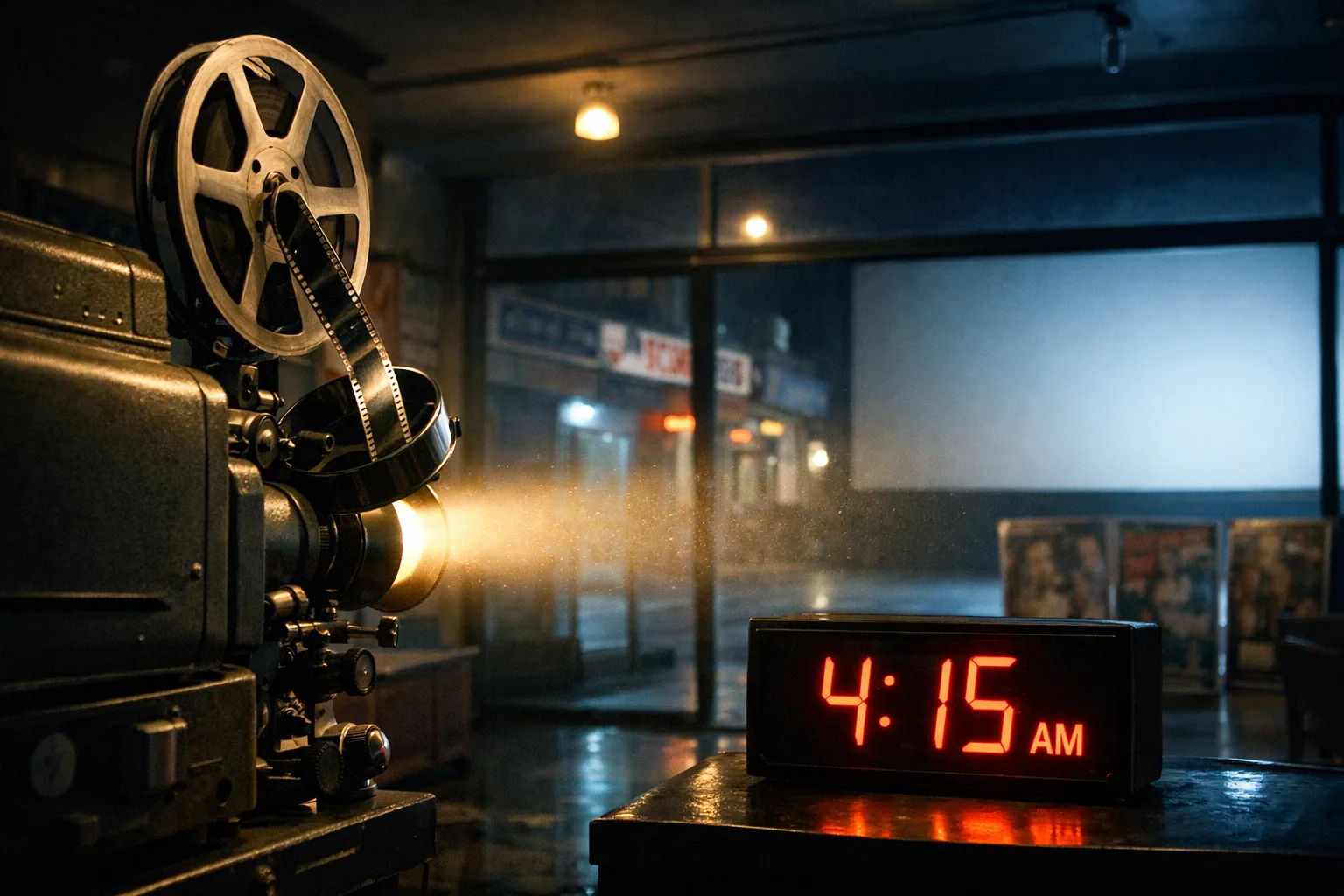 A cinema projector clock shows 4:15 a.m. as a Ramayana trailer reel drops into a film projector, with a Hyderabad theatre facade and empty festival posters in the background.