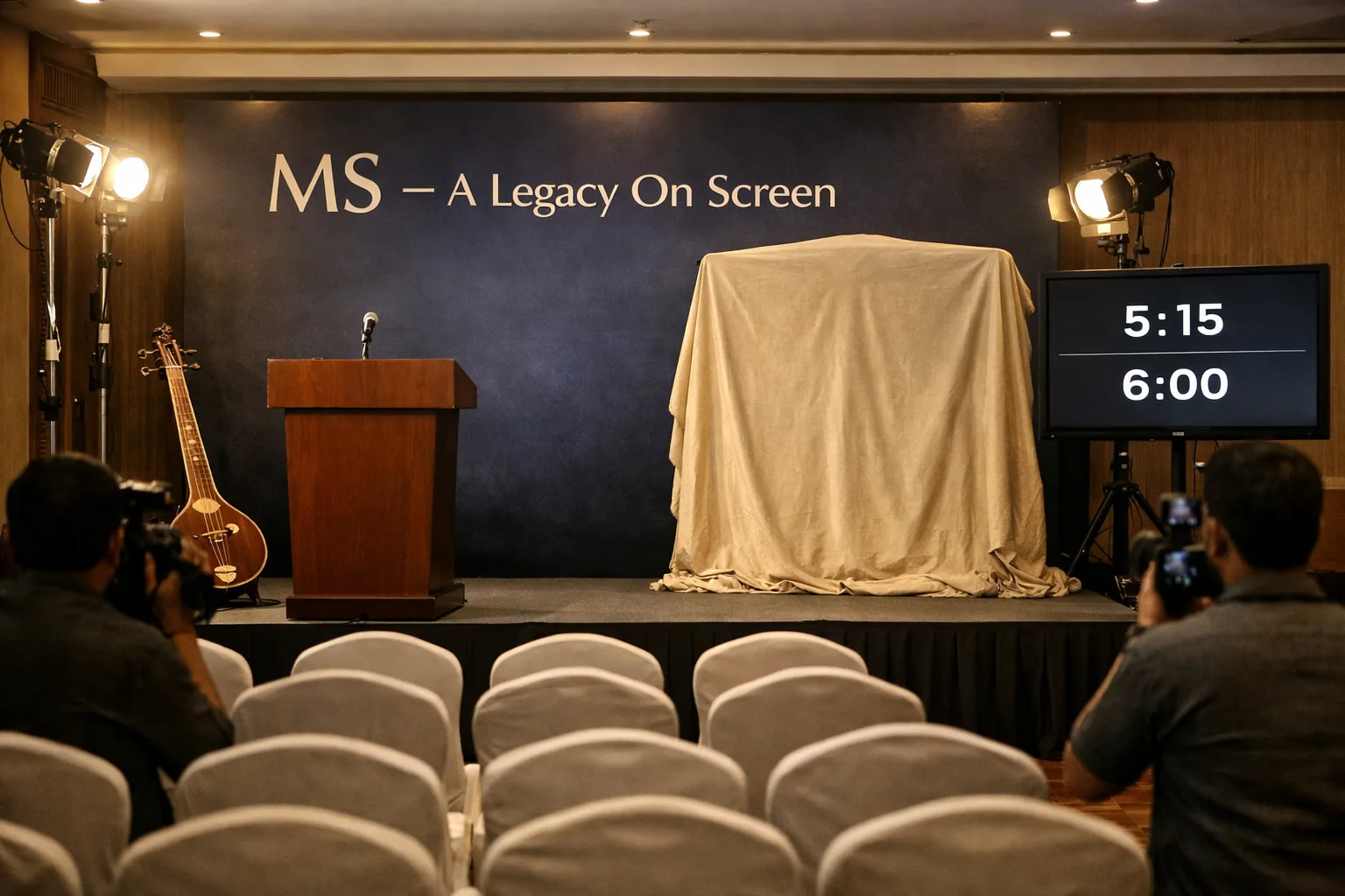 A Chennai film-launch venue has a veena beside a microphone podium, a covered first-look poster and two event time slots on a digital screen.