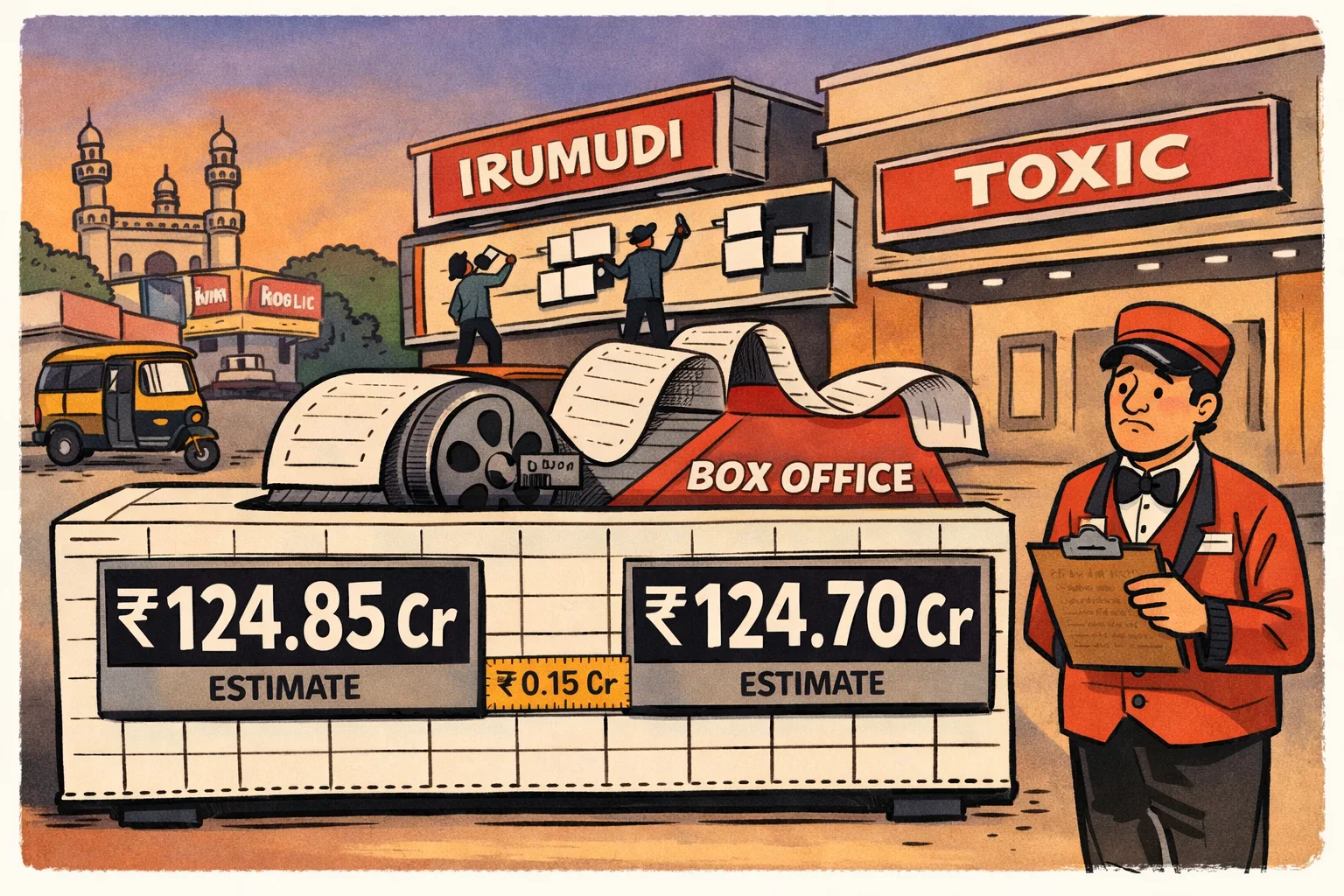 A Hyderabad multiplex cartoon shows two large estimate displays reading ₹124.85 crore and ₹124.70 crore competing beside a tiny ₹0.15 crore ruler, while spreadsheet paper runs through a film projector and show slots are moved between cinema marquees.