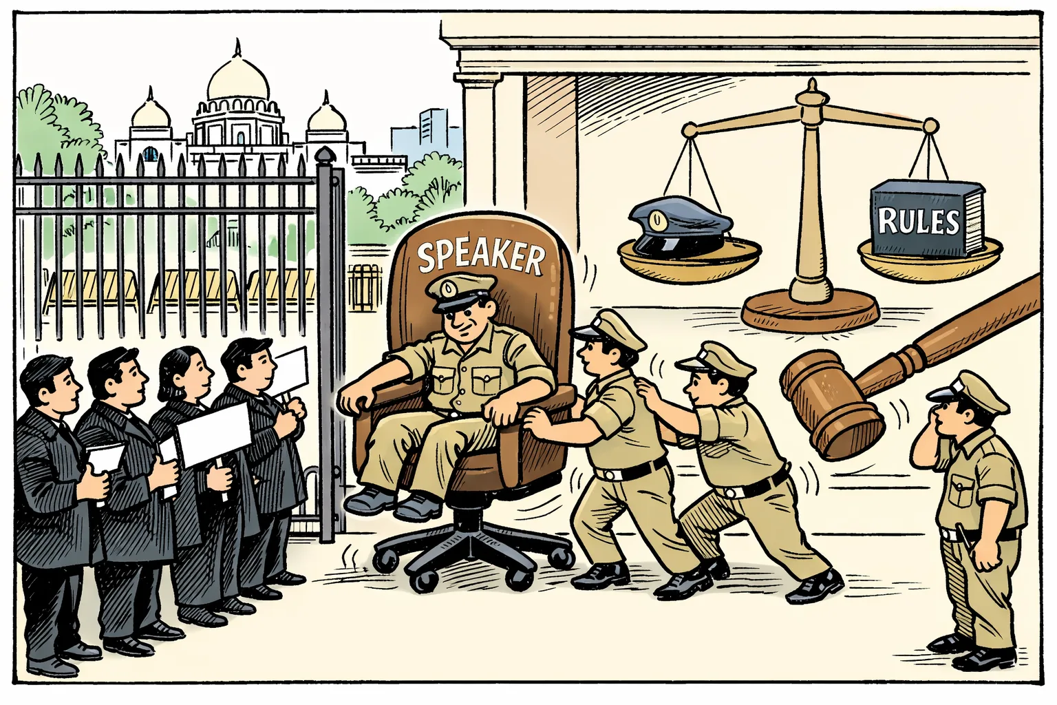 At the Telangana Assembly gate, generic police officers awkwardly wheel an oversized chair labelled Speaker toward legislators in black clothing, while an empty Speaker’s chair and a rulebook remain inside and scales favour the rulebook.
