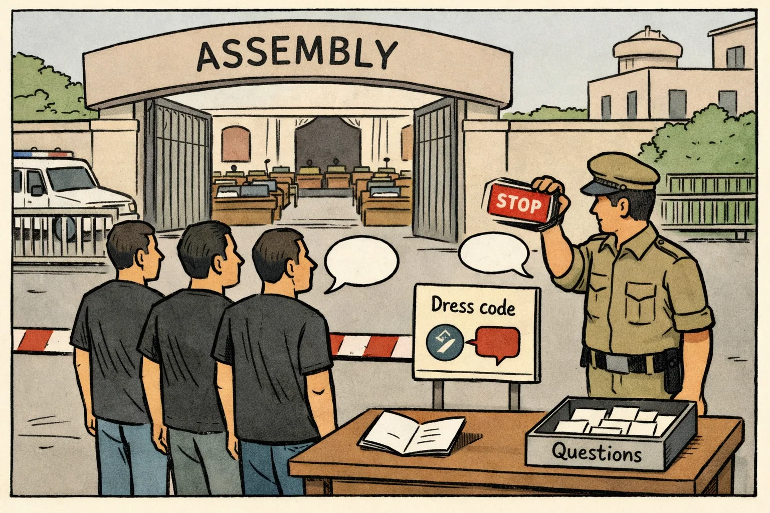 Generic legislators in blank black T-shirts are stopped at the Telangana Assembly gate while a security official blocks a speech bubble and an open invitation card lies on the checkpoint desk.