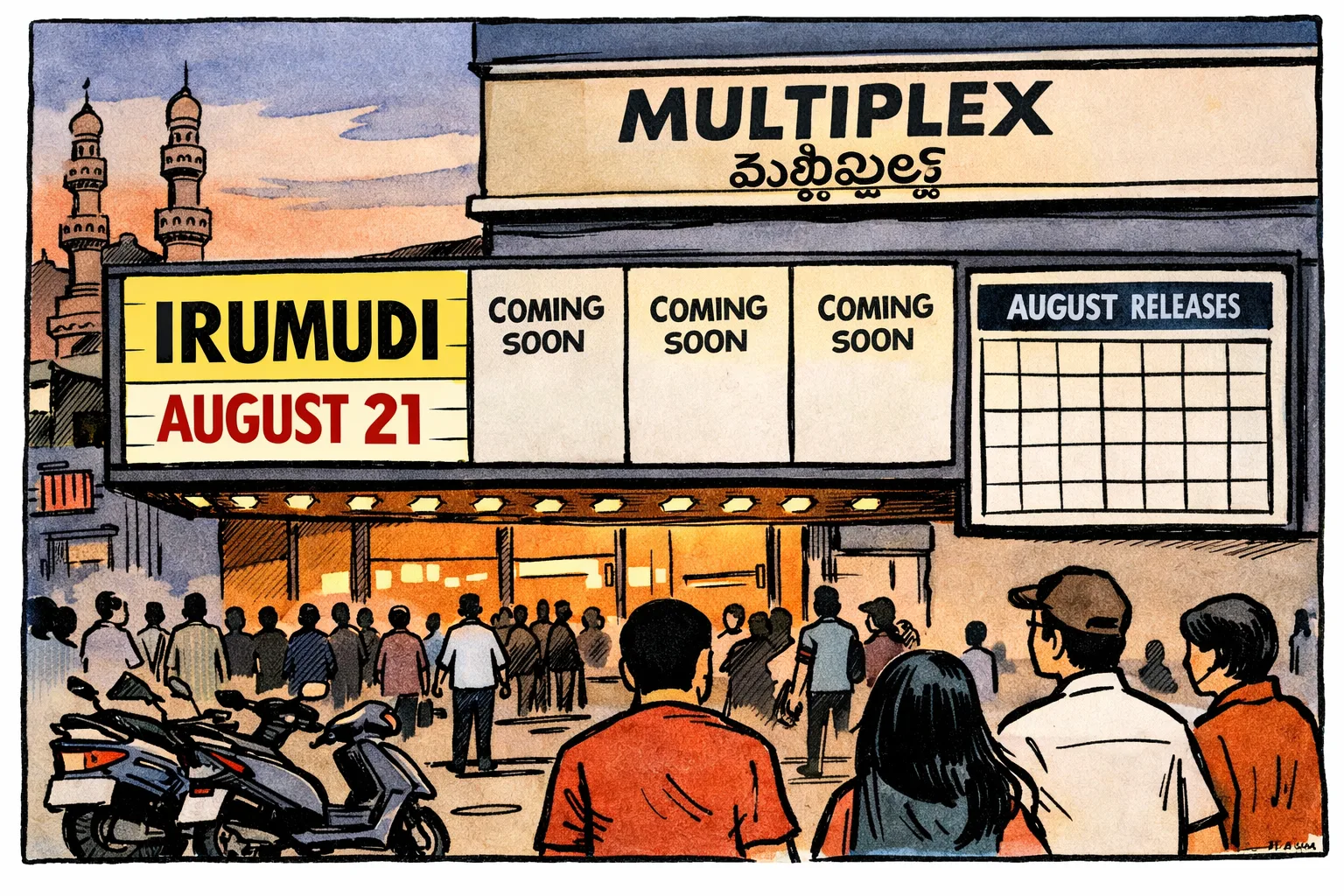 A photorealistic Hyderabad cinema marquee displays the title ‘Irumudi’ above a calendar page marked August 21, while empty neighbouring boards await other release announcements.