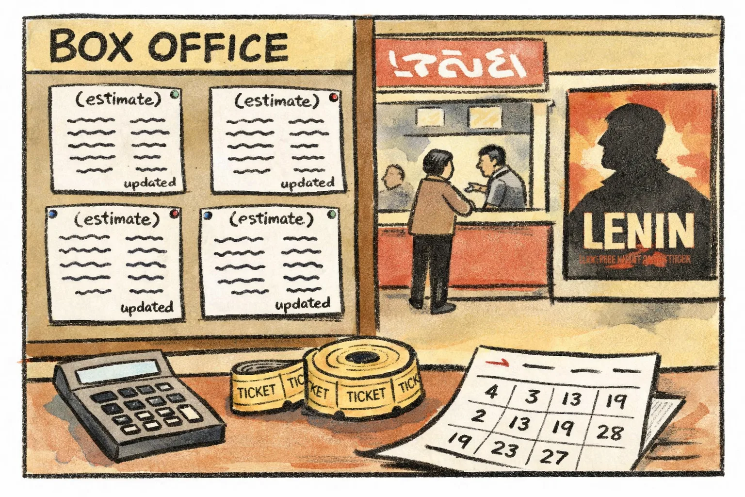 A cinema ticket counter in Hyderabad sits beneath several box-office charts showing different rupee totals, while a confused calculator displays mismatched dates and figures.