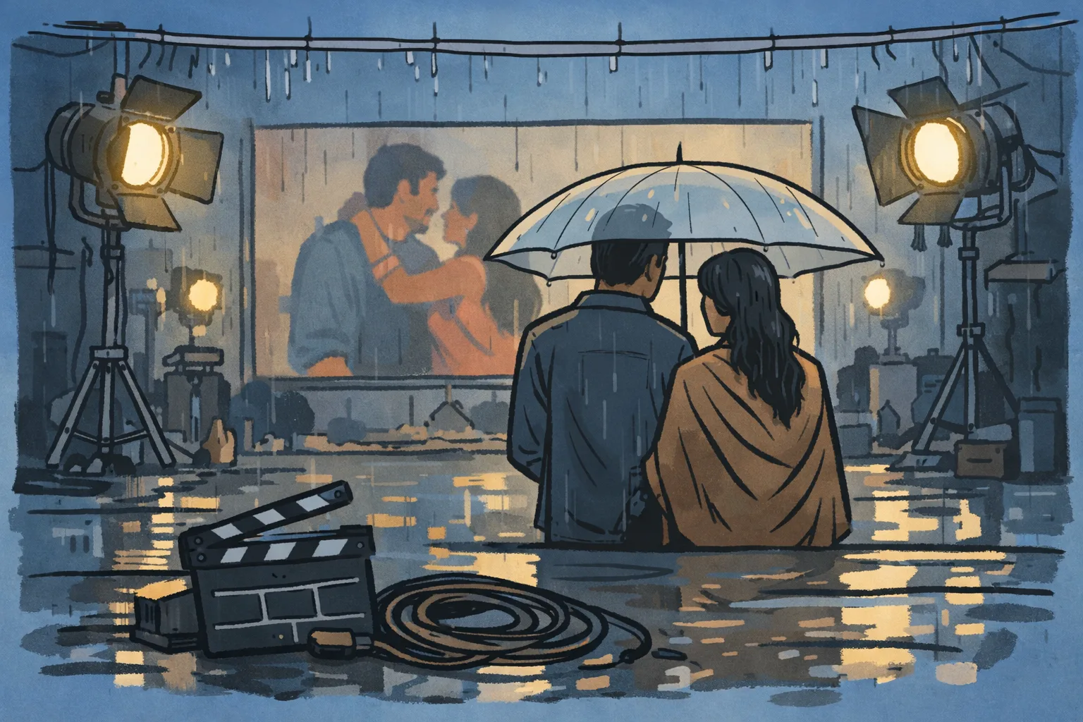 Two indistinct actors stand beneath an umbrella in heavy rain on a lit film set, with production equipment and wet reflective ground around them.