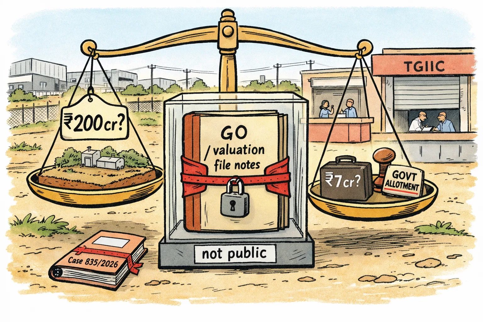 A locked government file marked “GO / valuation / file notes” sits between a large land-value tag and a much smaller price tag on a balance scale at a fenced industrial plot near Hyderabad; a Lokayukta docket lies nearby.