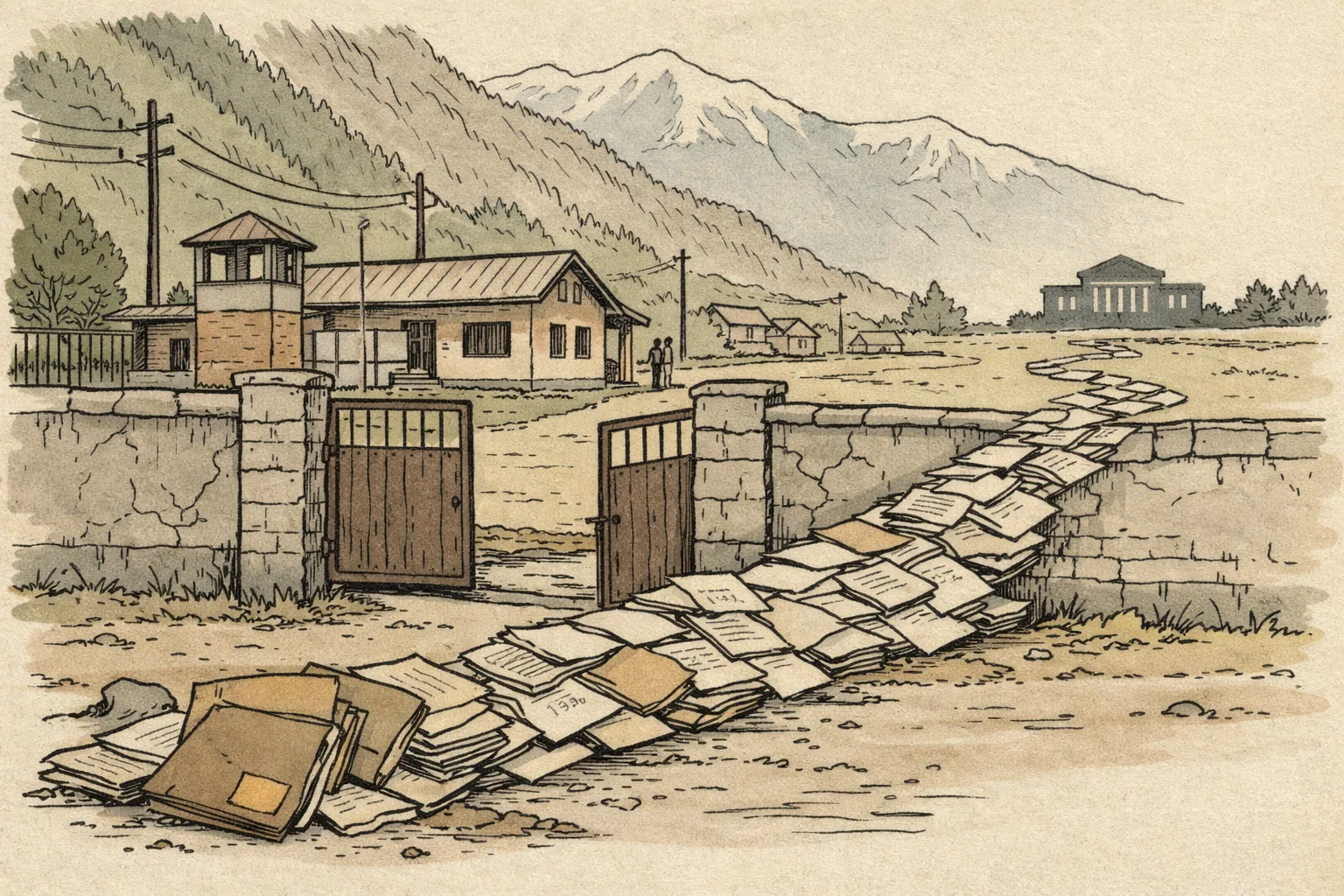 A weathered police-station building stands on a small plot in a Himalayan town, while an enormous stack of ageing land and court papers trails from its doorway across the ground toward a distant courthouse.