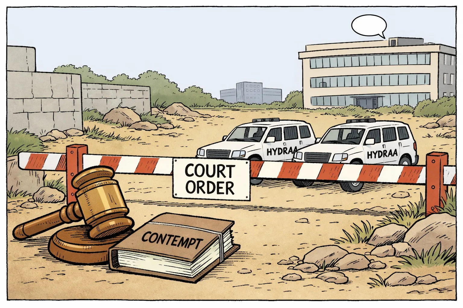 A Telangana High Court gavel and a large court file sit in the foreground beside a barrier marked with a small court-order tag, while HYDRAA vehicles stop outside the barrier and a government office building stands in the background.