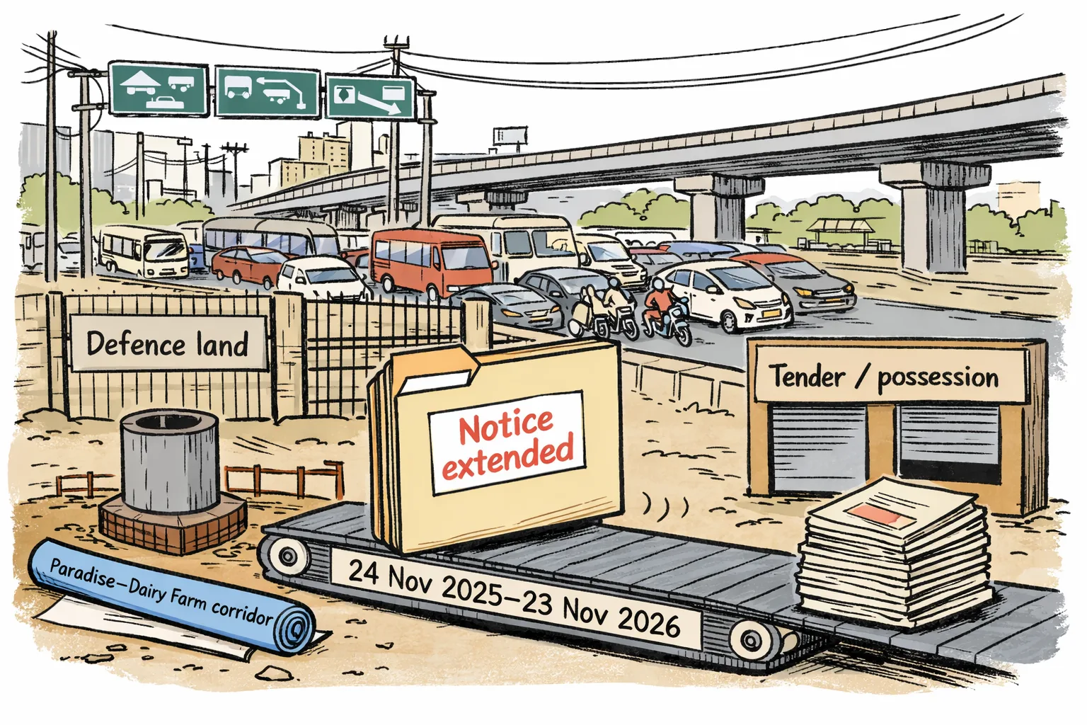 At a Hyderabad traffic junction, an oversized stamped land-acquisition file moves past a small unfinished flyover pier, while vehicles queue beside a locked defence-land gate and a shuttered tender office.