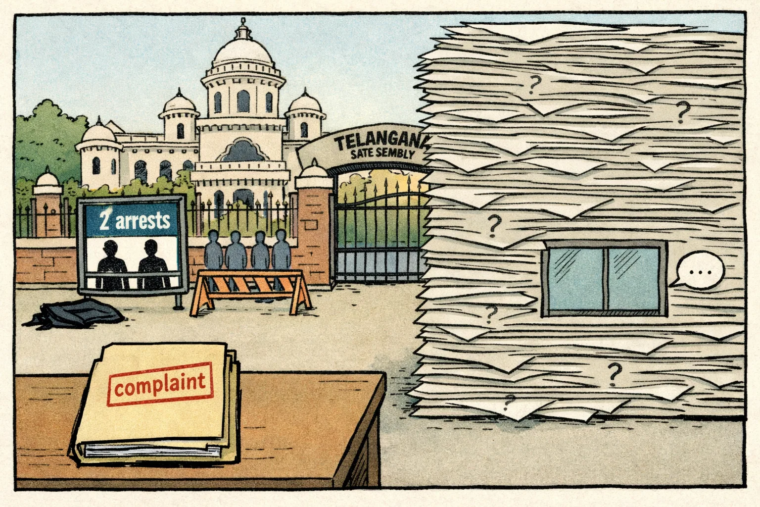 Outside the Telangana Assembly, a small complaint file and two arrest cards sit beside a vast stack of question-mark papers blocking a closed government office window.