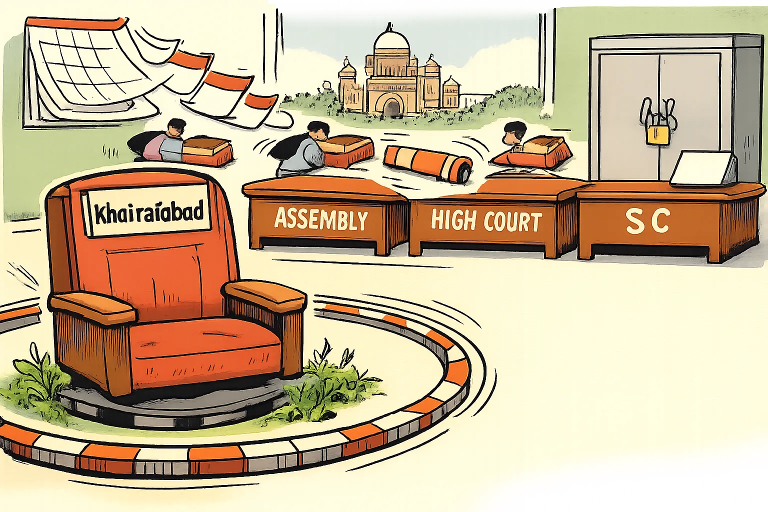 An empty Khairatabad Assembly seat sits beside a track as a legal file passes between desks marked Assembly, High Court and SC, with office figures carrying papers in the background.