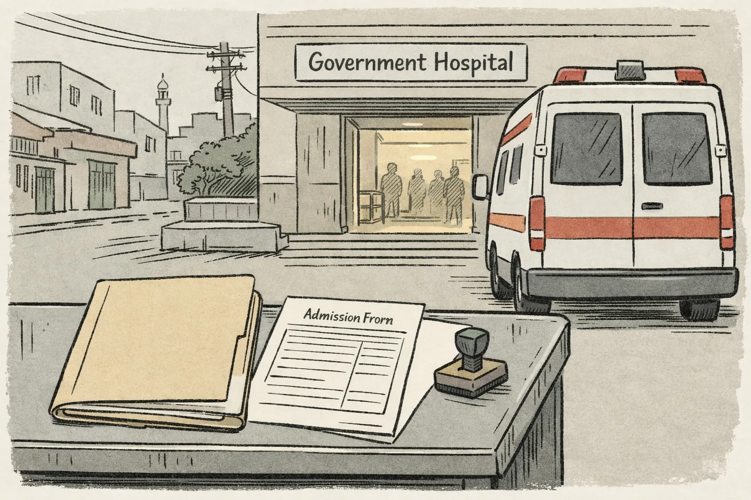 A closed ambulance stands outside a Hyderabad government hospital beside a desk holding a blank medical-record folder and admission form.