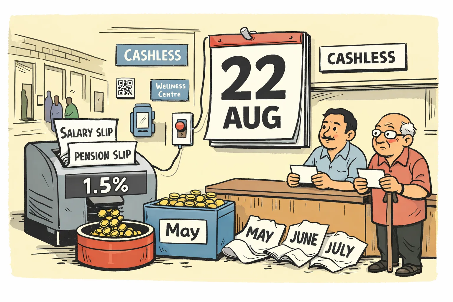 At a Telangana hospital billing desk, coins marked 1.5% flow from May salary papers into a collection box while a cashless switch is connected to a calendar page marked August 22.