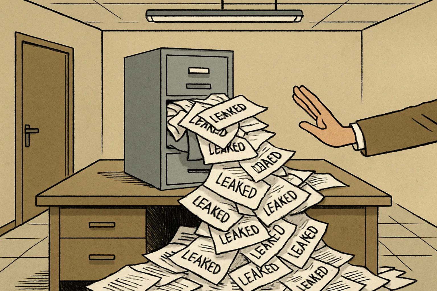 A metal filing cabinet with an overflowing drawer. Exam papers spill across a desk and onto the floor, stamped repeatedly with the word LEAKED. One bureaucratic hand reaches toward the open drawer. Institutional office walls and fluorescent light in the background.