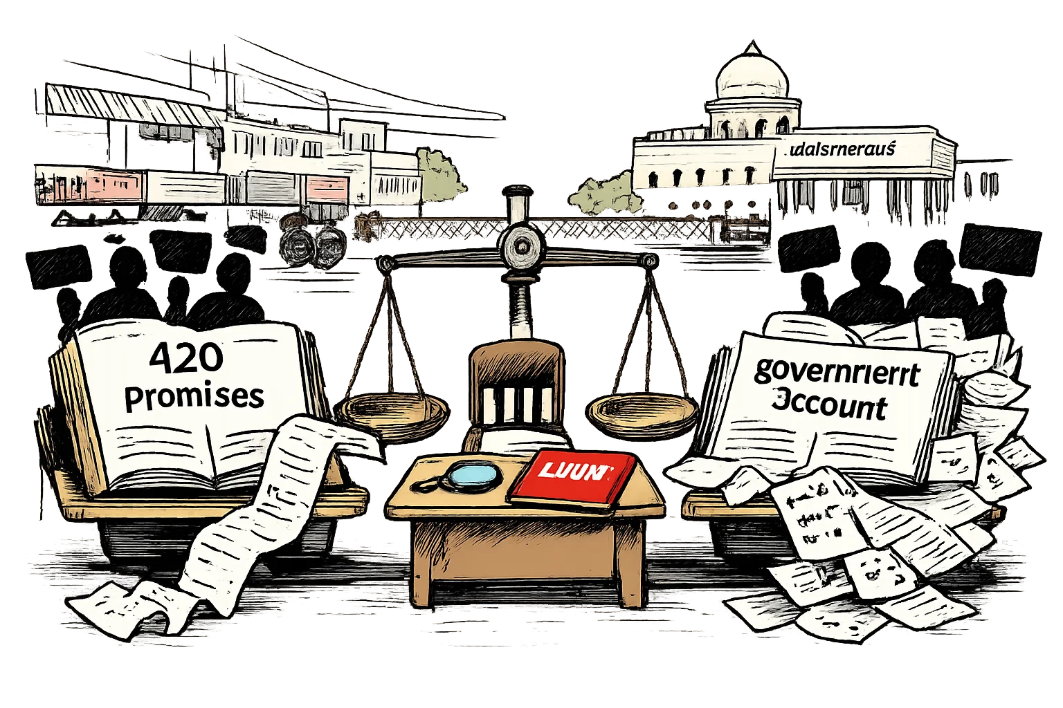 Two giant account books labelled “420 promises” and “government account” sit on opposite sides of a weighing scale, with papers spilling out and an empty auditor’s chair between them on a Telangana street.