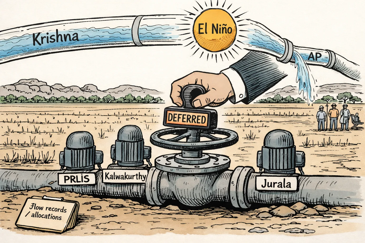 A hot sun hangs over a Telangana irrigation station where three labelled pumps stand idle. A large Krishna water pipe sends water through a side branch toward an AP pipeline while an anonymous hand holds a stamp marked “deferred” over the closed valve.