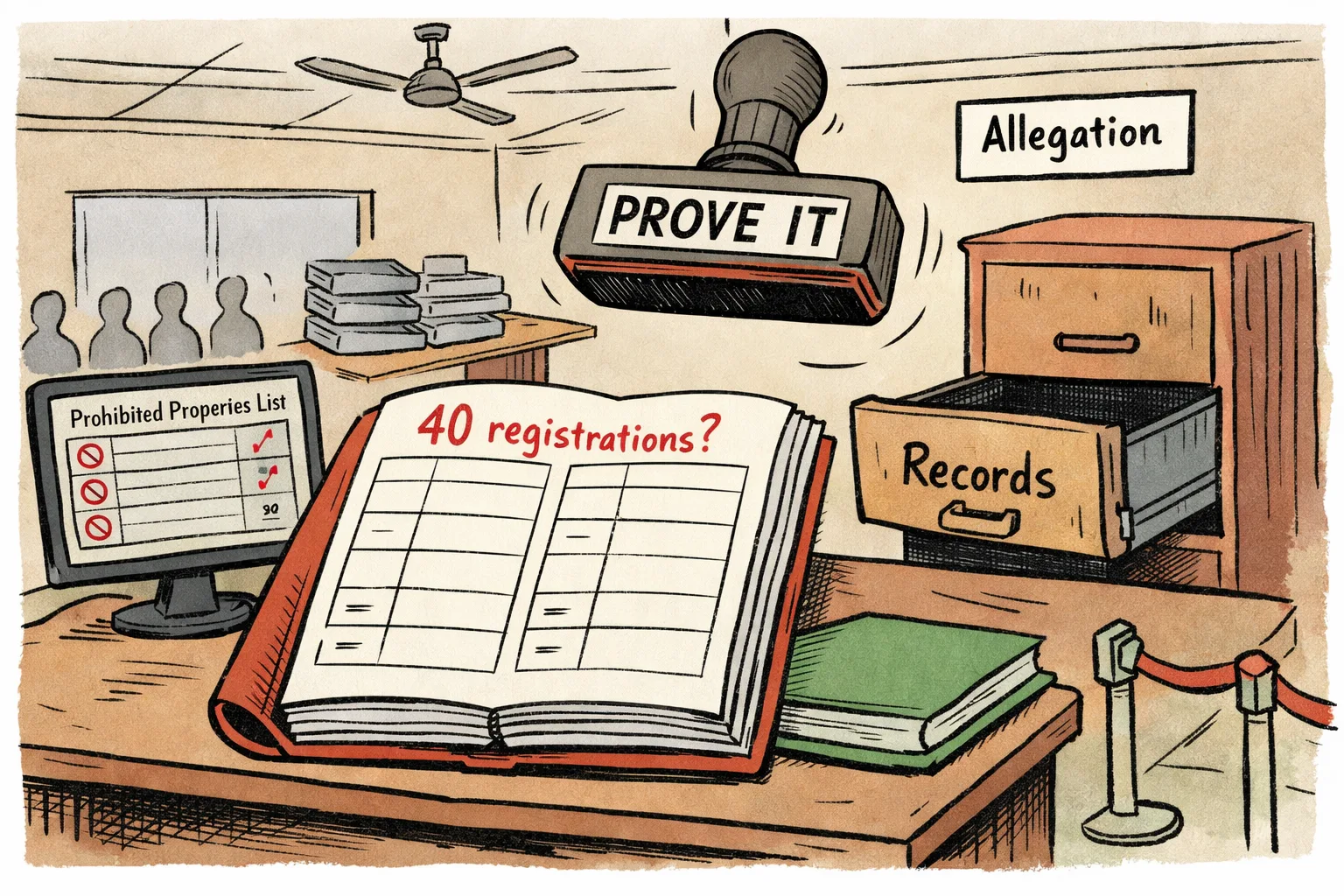 An empty government records drawer and a blank file labelled “40 registrations?” sit beneath an unused “PROVE IT” stamp in a Telangana registration office.