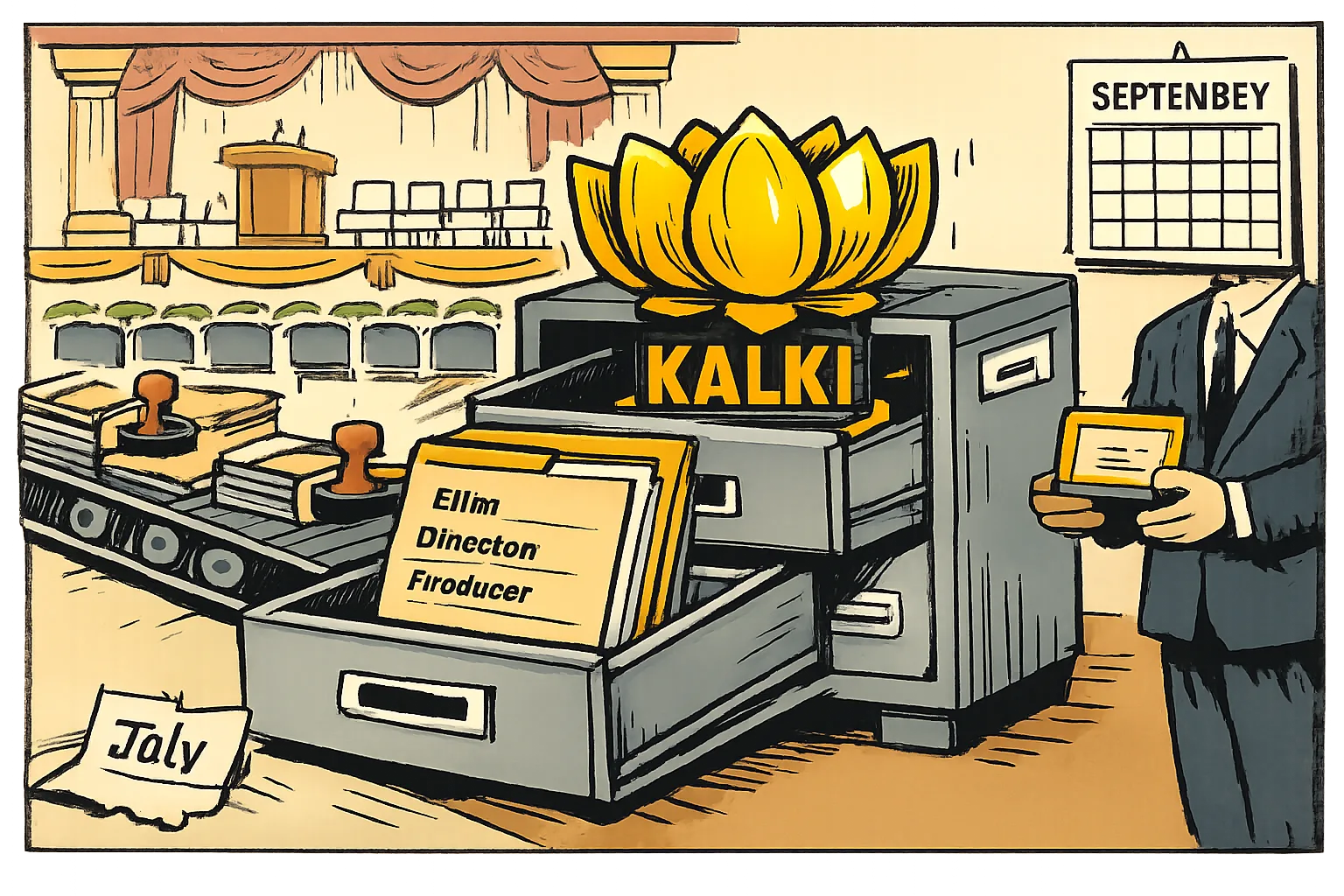 A giant KALKI award trophy emerges from an overflowing government filing cabinet while an anonymous ceremony representative holds its small plaque; an award stage and September calendar sit in the background.