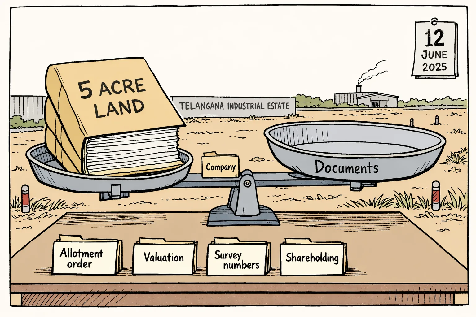 A large government file marked with a five-acre outline sits on a weighing scale, with a tiny company folder on one side and a much larger stack of missing documents on the other; a Telangana industrial-area road and boundary wall appear in the background.