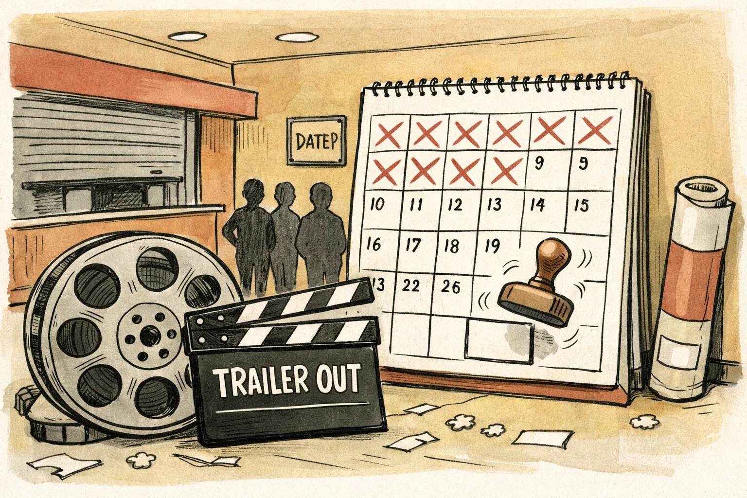 A hand-drawn cinema noticeboard in a Telangana theatre lobby shows a fresh trailer reel marked “OUT” beside several overlapping calendar pages and a blank release-date poster; a ticket counter remains closed in the background.