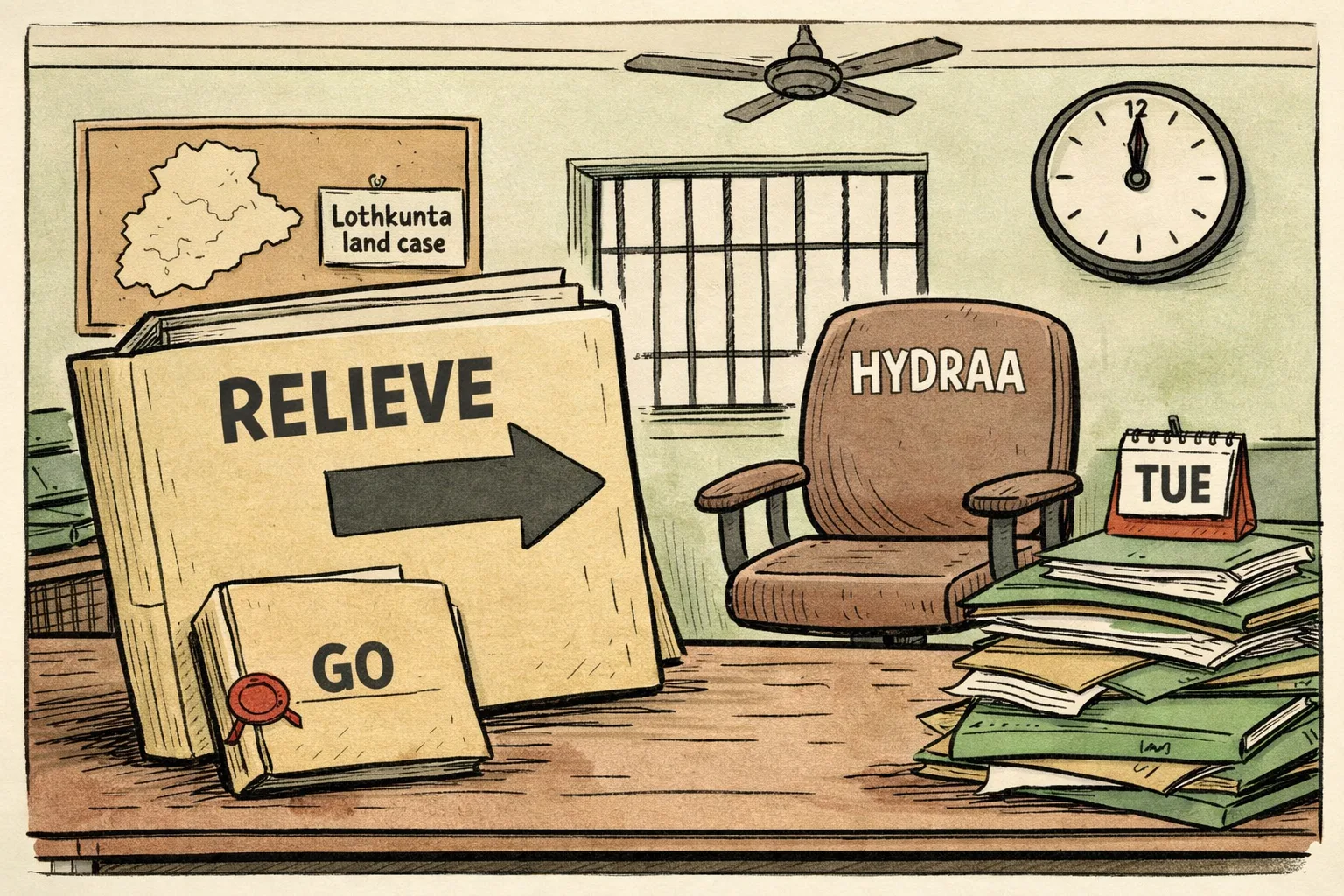 A Telangana government office desk holds a large court directive marked for action, while a HYDRAA chair stands empty beside a stack of unresolved land-dispute files; a clock and an unopened government-order folder sit in the background.