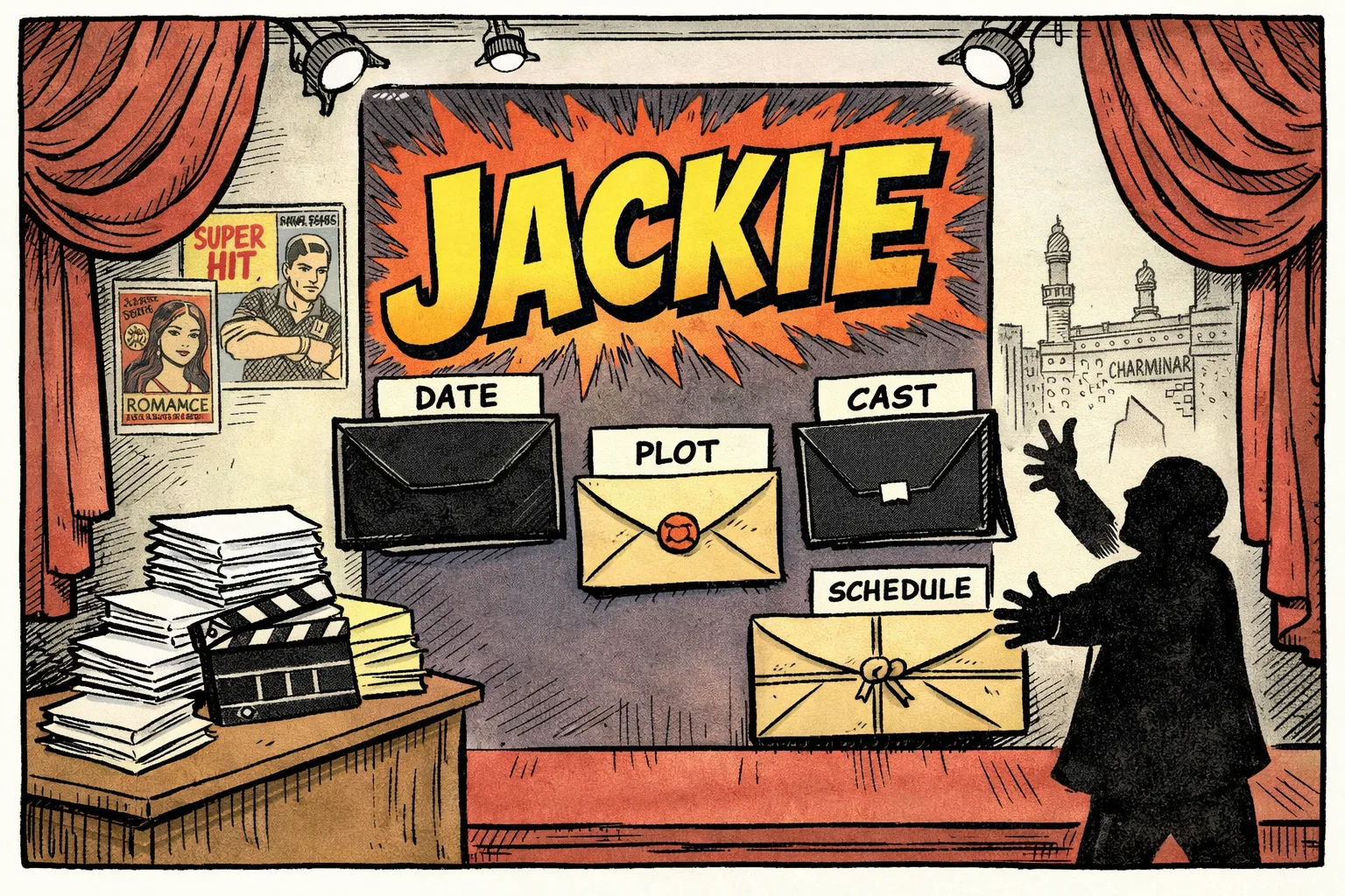 A giant film poster announces JACKIE while curtains, folders and envelopes hide cards labelled DATE, PLOT, CAST and SCHEDULE; blank press pages and a half-open clapperboard sit on a nearby desk.