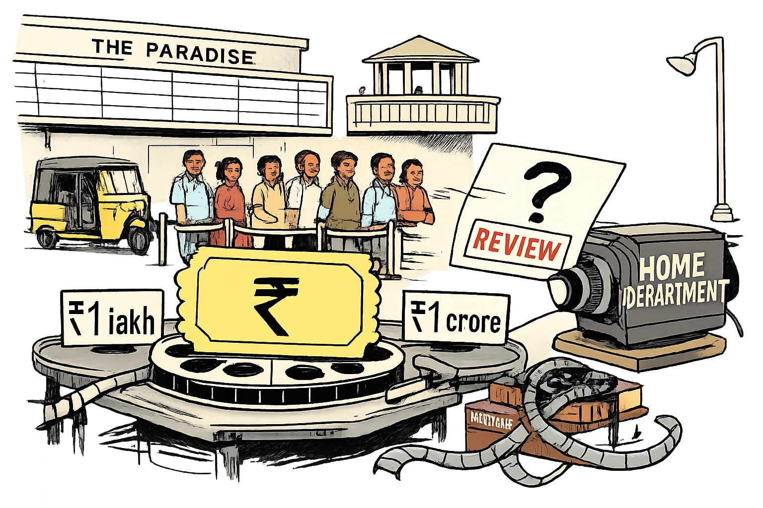 A giant cinema ticket and two conflicting welfare-payment labels sit beside a projected government memo marked for review outside a Telangana multiplex, while a film reel tangles with rule books.