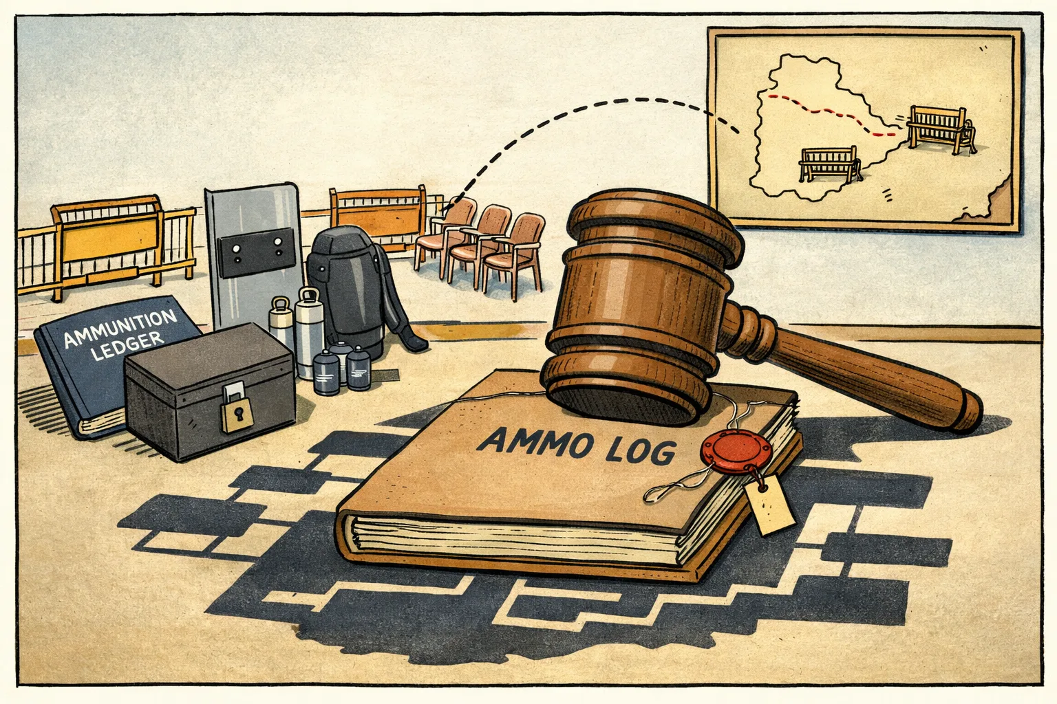 A sealed ammunition-log file sits beneath a Supreme Court gavel, beside labelled riot-control equipment and a small Delhi protest barricade; a Telangana map is pinned in the background with an arrow marked “playbook”.