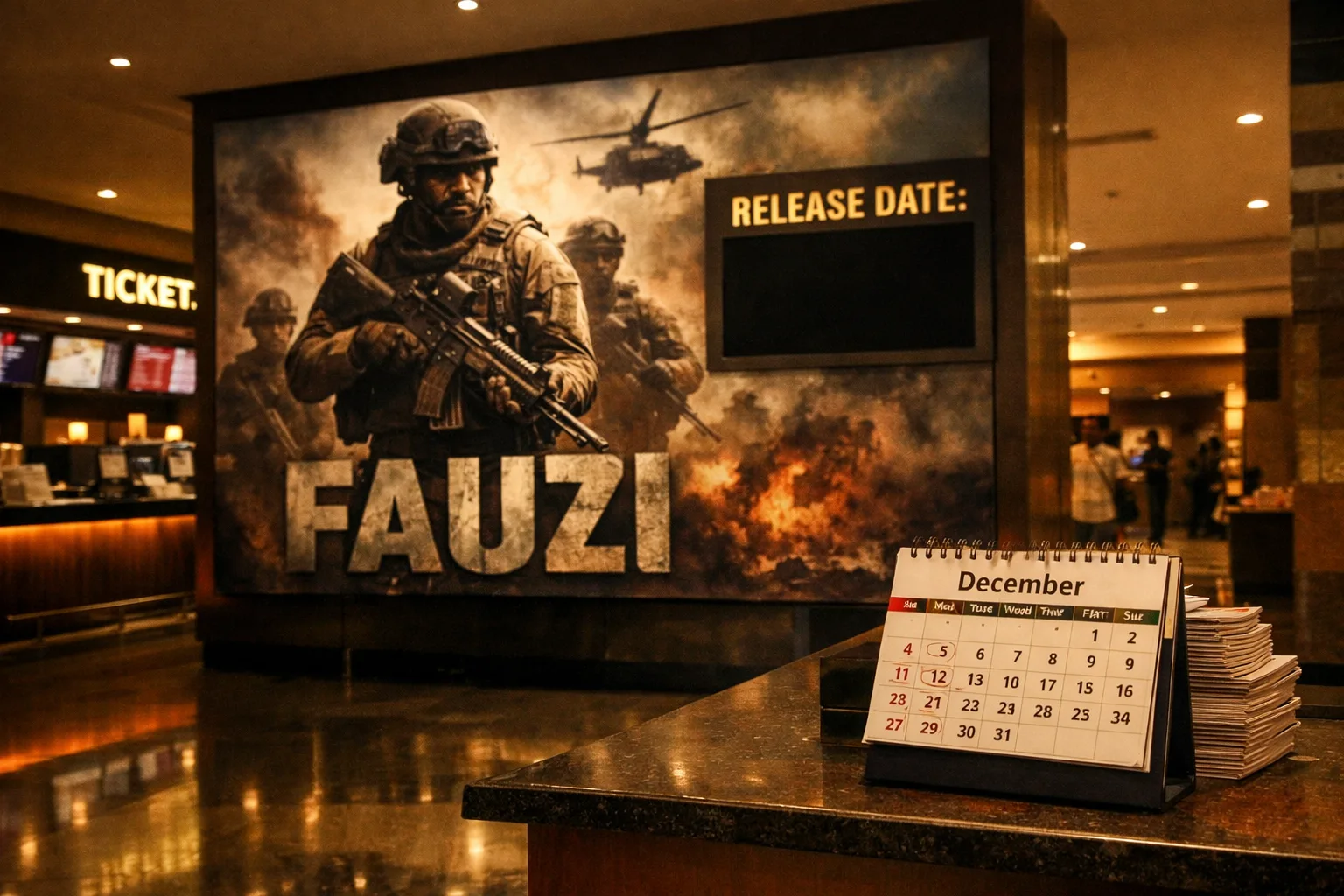 A multiplex lobby display promotes Fauzi beside a blank release-date panel and a turned-back December calendar.