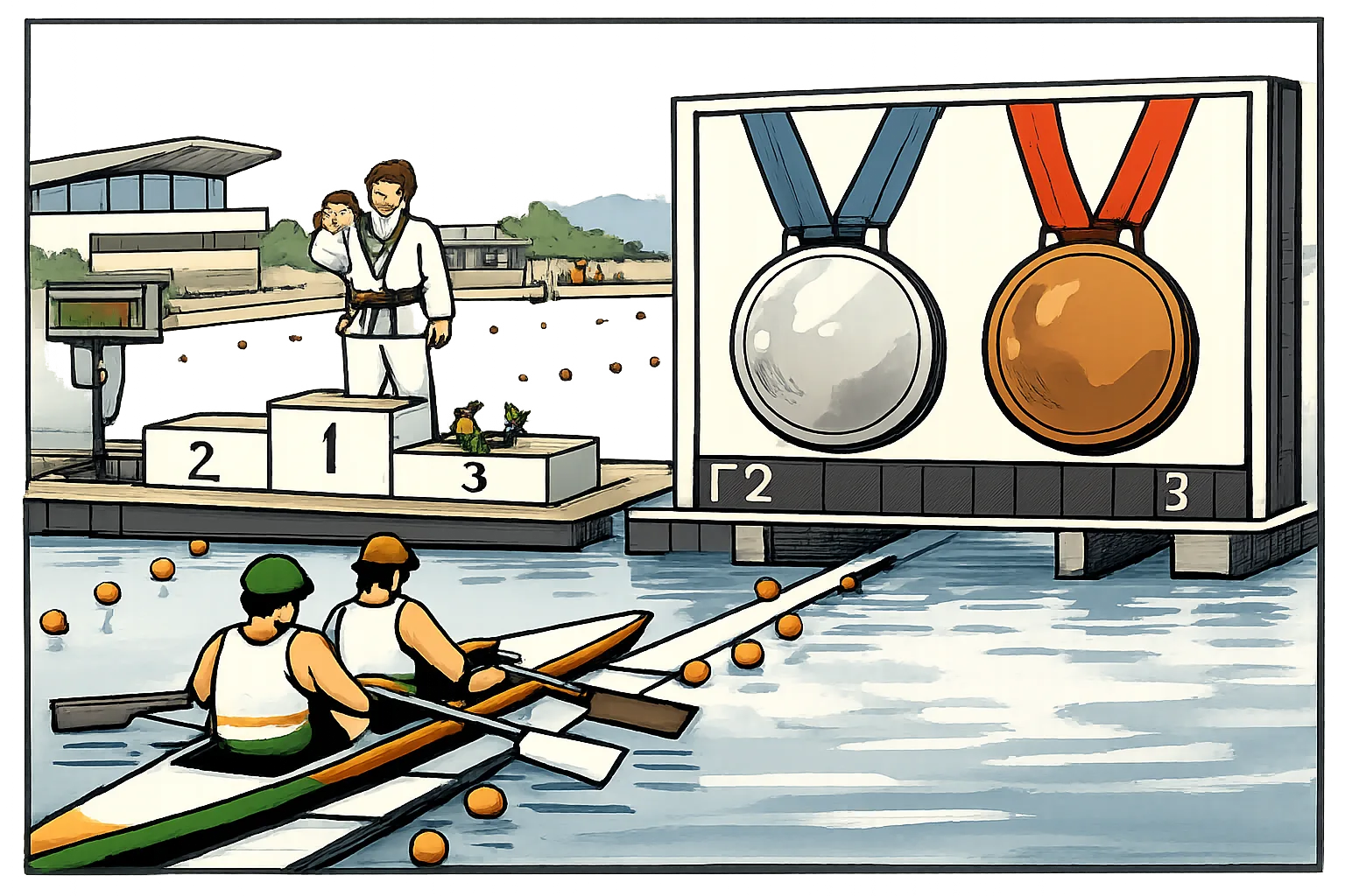 A rowing boat crosses a finish line in third place beside a large silver medal, while another athlete stands on the second step of a sanda podium in an Asian Games venue.