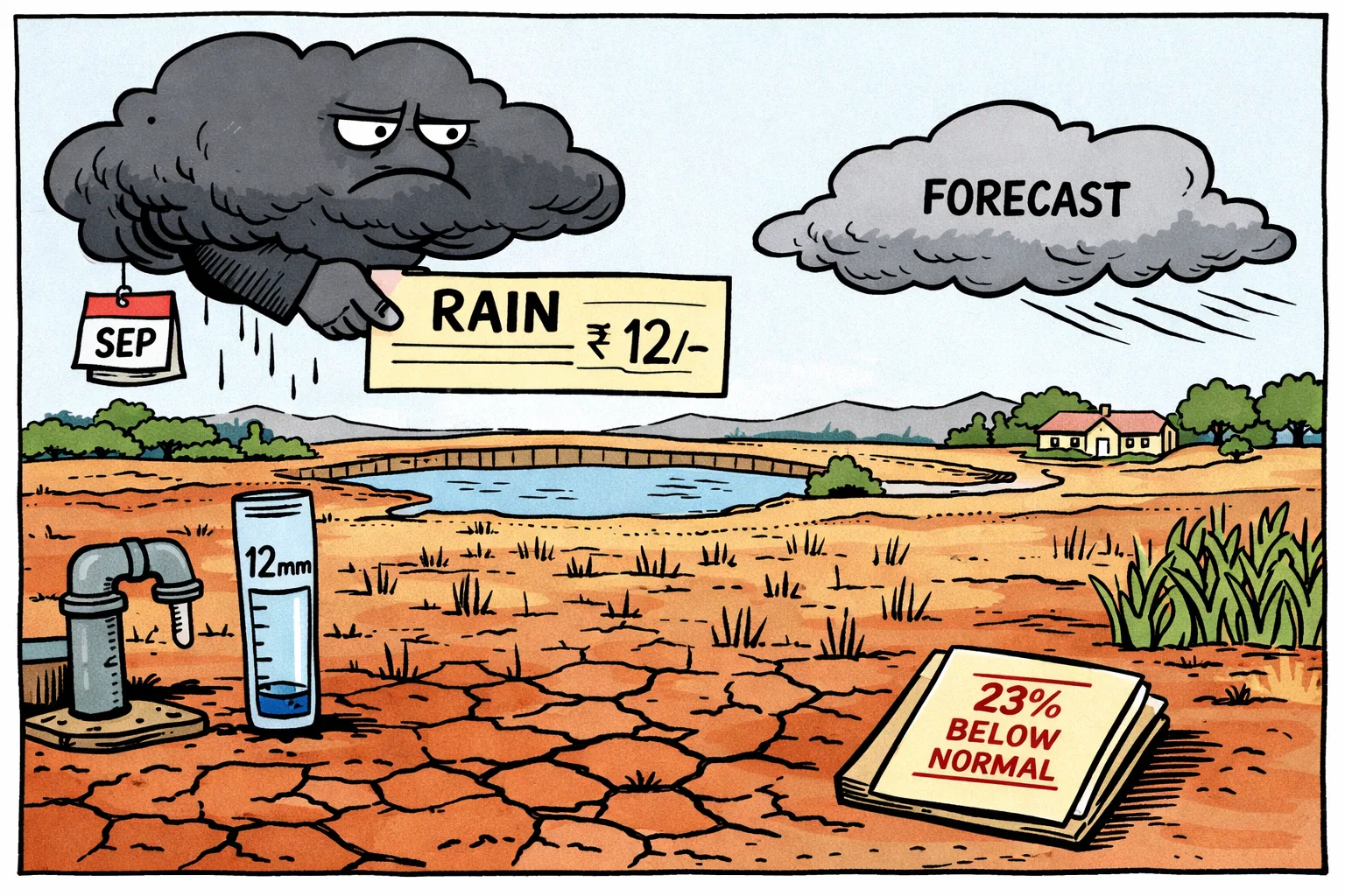A dry Telangana field with cracked soil and a low-water irrigation tank sits beneath a large cloud offering a tiny rain cheque, while another forecast cloud drifts away; a rain gauge shows 12 mm.