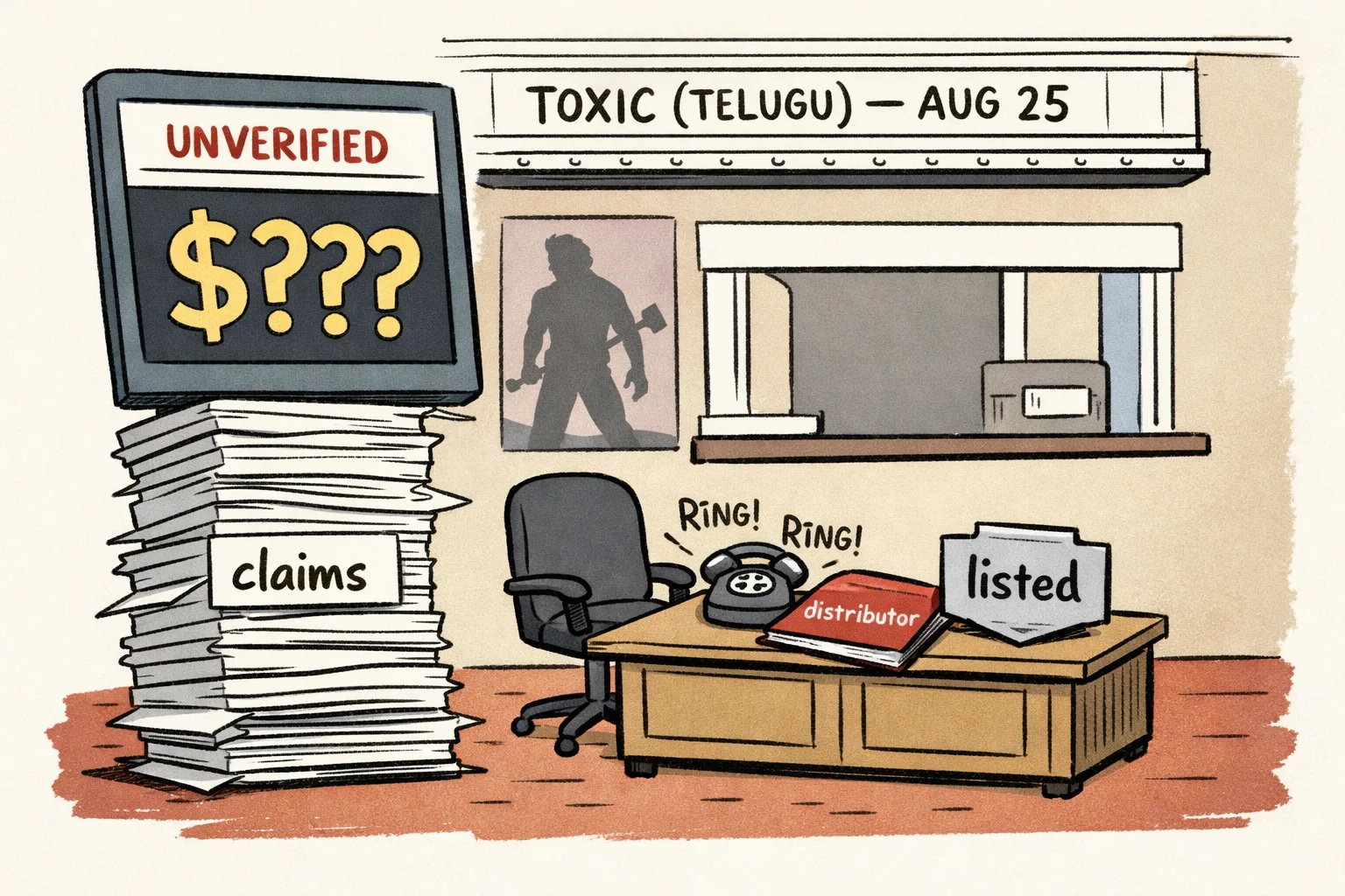 A large Reddit-style screenshot marked as unverified sits beside a cinema marquee listing Toxic (Telugu) for August 25, while a distributor's empty desk holds an unanswered telephone and scattered paperwork.